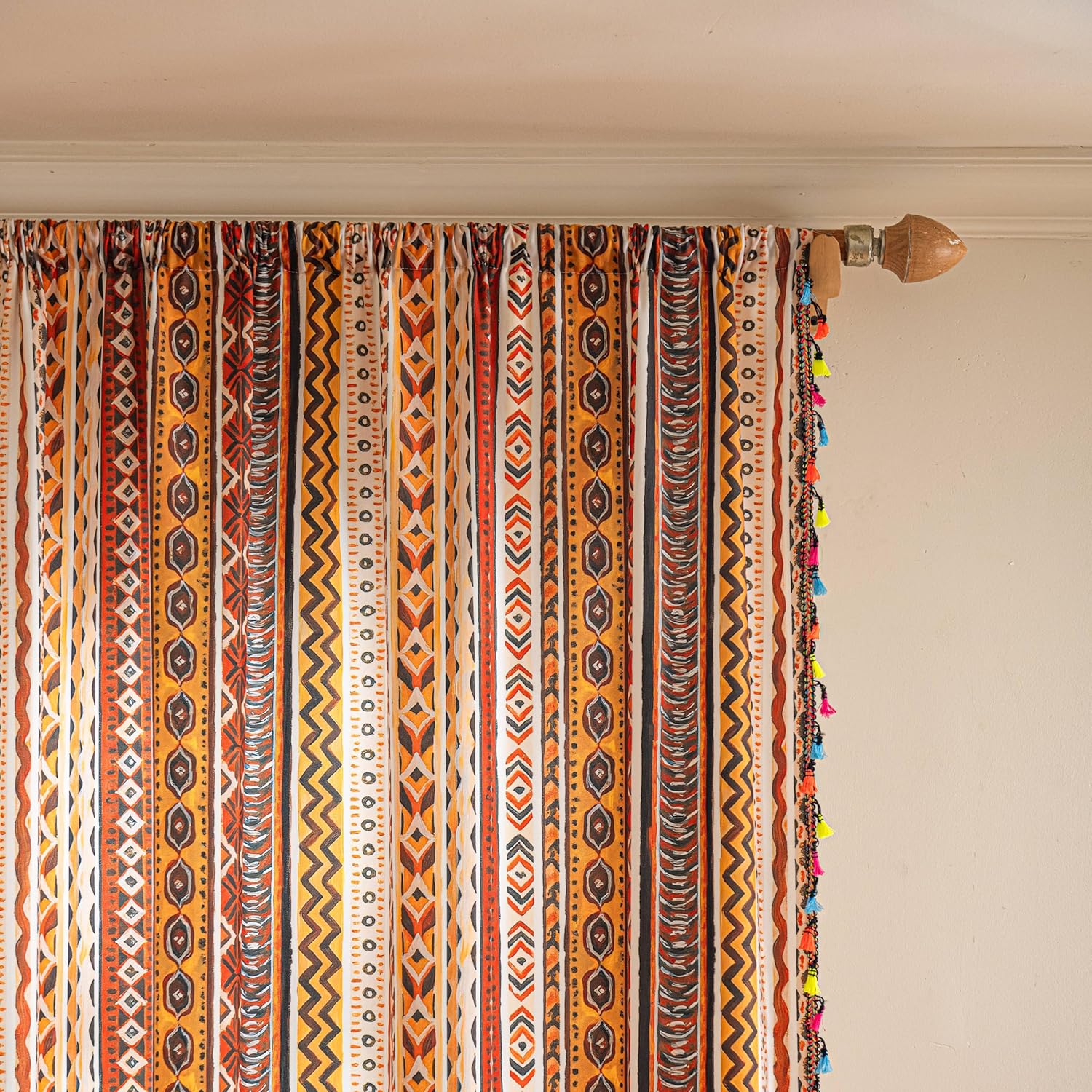 Boho Curtains for Living Room 54 Inch Length 2 Panels, Light Filtering Farmhouse Window Curtains with Tassels, Geometric Stripe Drapes for Bedroom