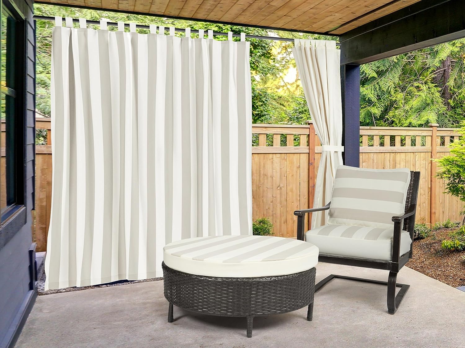 Covermates Outdoor Tab Top Curtain – Water-Resistant Fabric, UV-Protective Patio Curtain with Touch-Fastener Tabs & Weighted Hem for Pergola/Porch/Gazebo, 50" W x 84" L, Sand Stripe