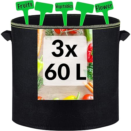Pflanzsack 3X 60L aus Vliesstoff mit Pflanzenstecker zum Beschriften - Groß und mit Griff - Für Kartoffel, Tomaten