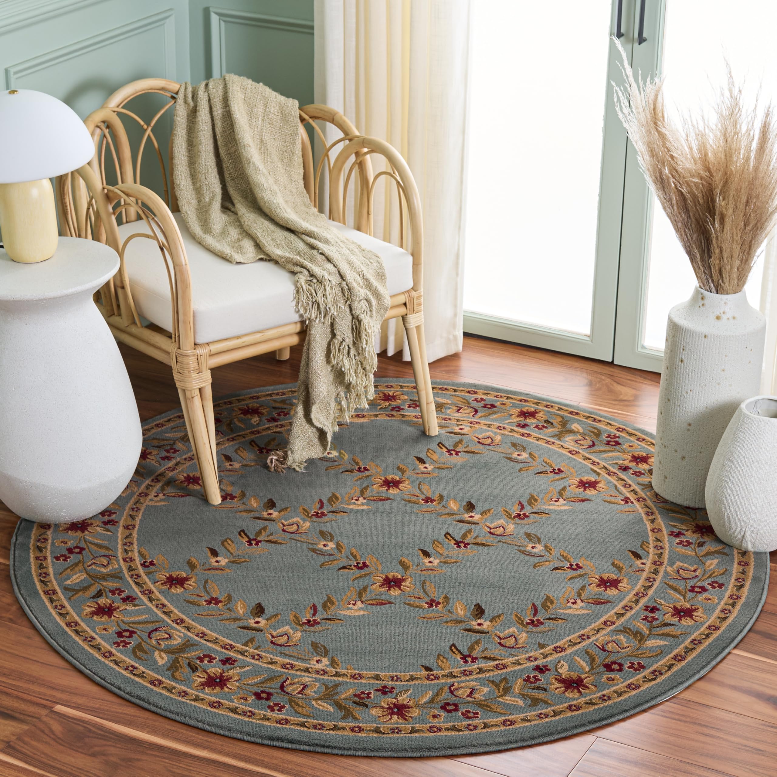 SAFAVIEH Lyndhurst Collection Area Rug - 5'3" Round, Blue & Blue, Traditional Floral Trellis Design, Non-Shedding & Easy Care, Ideal for High Traffic