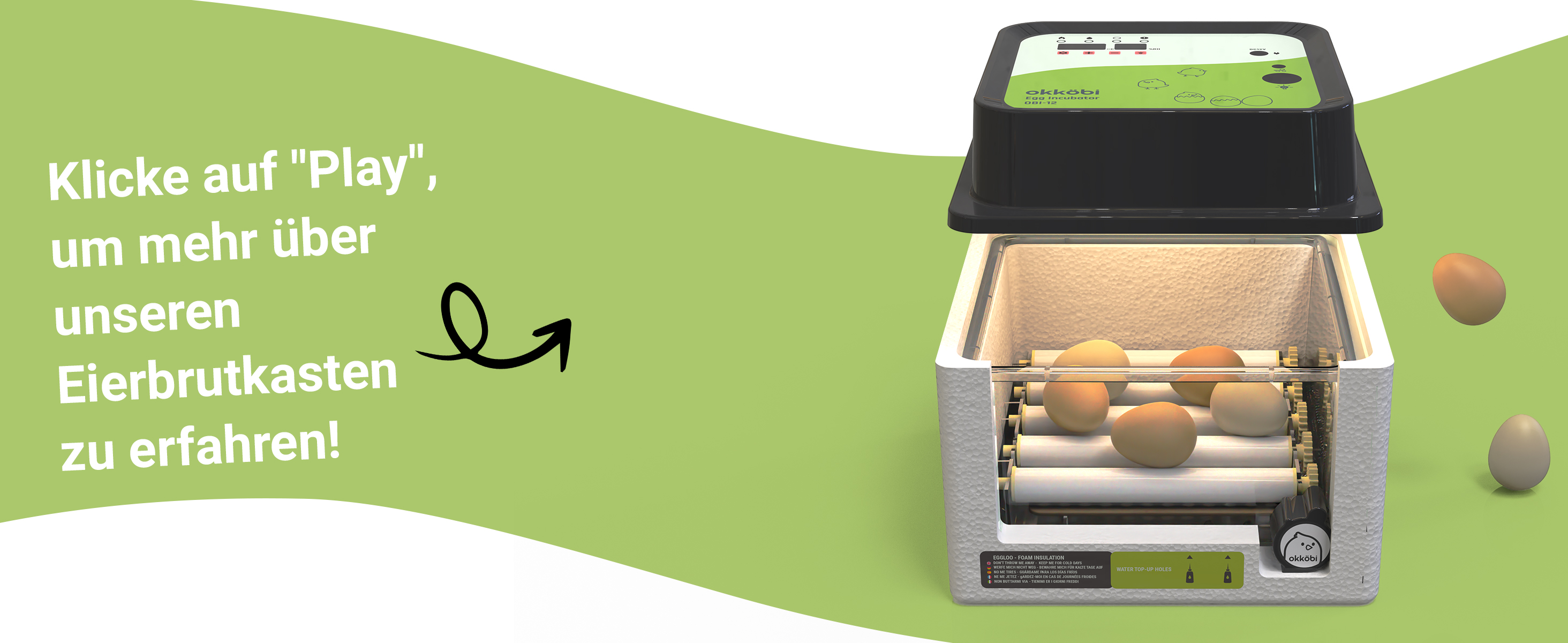 Okköbi OBI-12 Brutautomat – 12 Eier, Vollautomatisch, Eierwender, Feuchtigkeitskontrolle, 5 Jahre Garantie