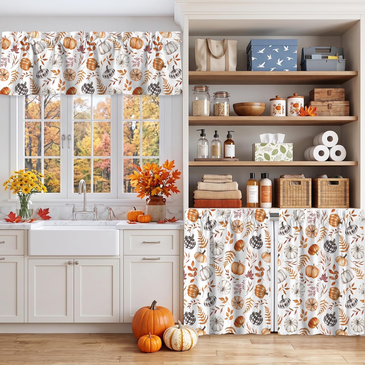 Fall Pumpkin Kitchen Curtains and Valances Set 3 Piece Farmhouse Short Tier Curtains with Rod Pocket Autumn Window Decor for Bedroom Living Room Bathroom