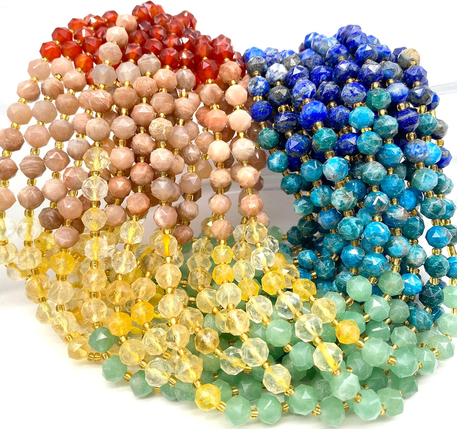 ABCGEMS Seven Chakra Beads (The Ultimate Combination of The Strongest Energy Stones) Honey Citrine, Peach Moonstone, Amethyst, Apatite, Lapis, Carnelian, Aventurine - Satellite Tiny 6mm