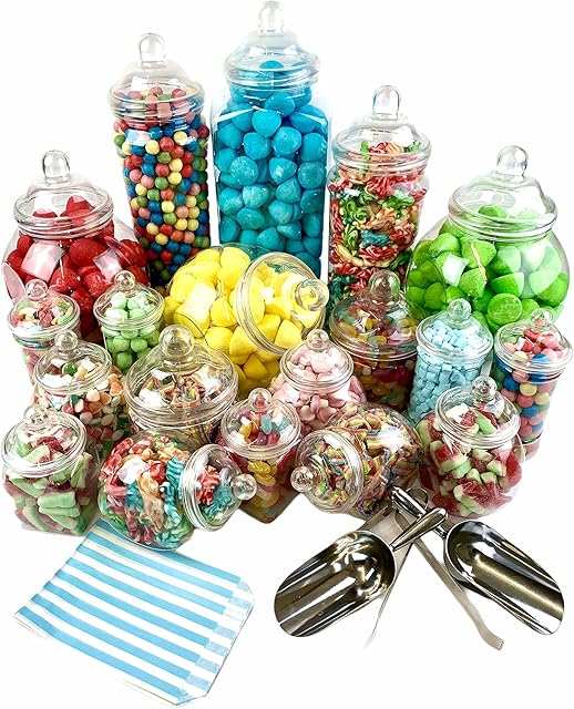 19 Empty Jars Vintage Victorian Pick & Mix Sweet Shop Candy Buffet Kit Party Pack - 2x Scoop 2x Tongs 100x- Light Blue Stripe Bags