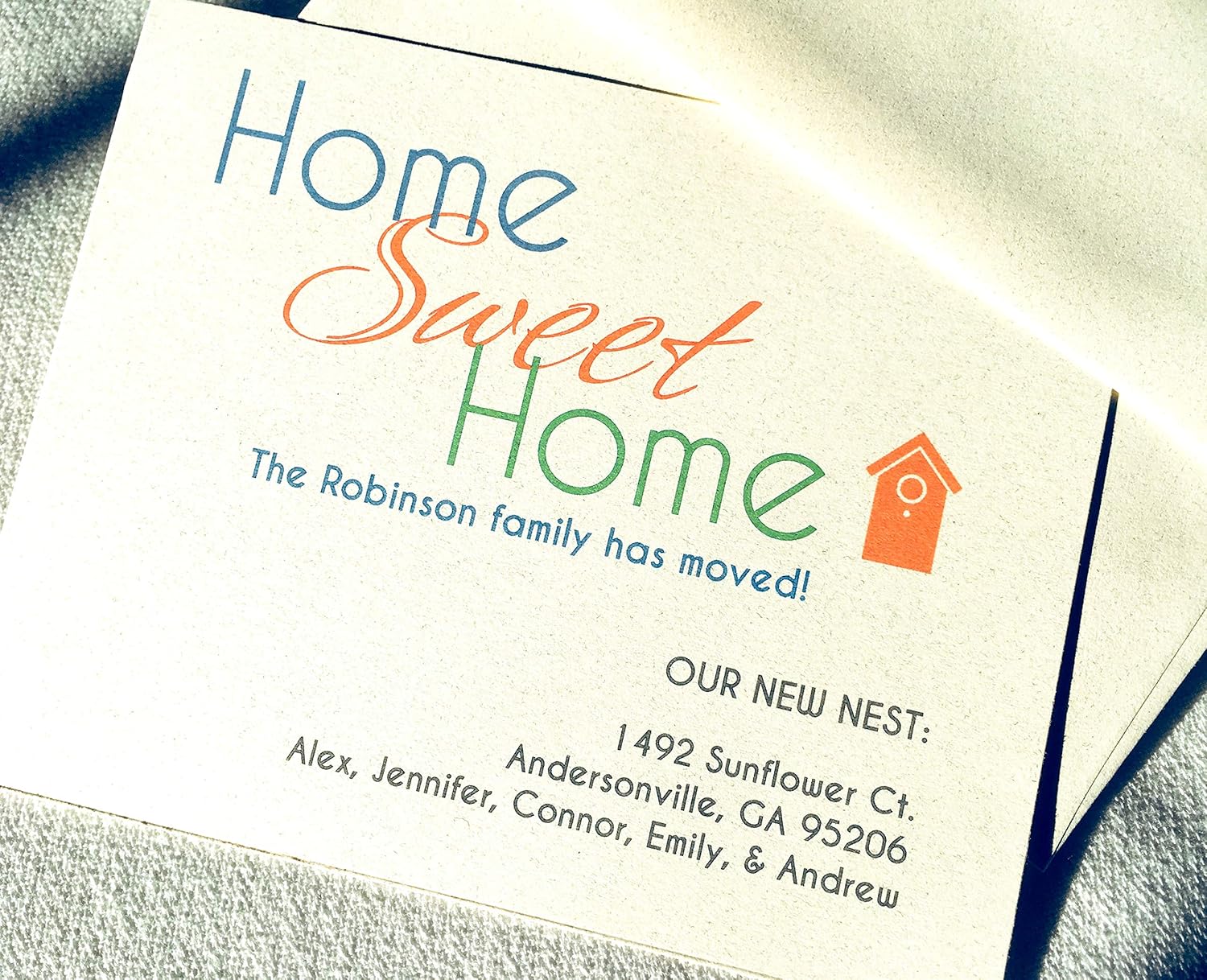 Personalized New Home Announcements w Envelopes. Quality Contemporary Ivory Card Stock. Flat Cards, Blank on back. Optn'l Return Address Labels (50-100 Cards)