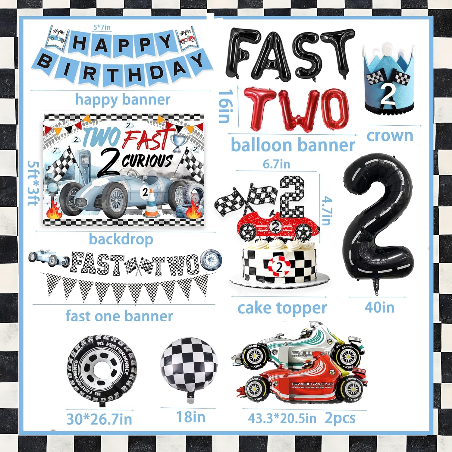 Two Fast Birthday Decorations For Boys 2nd Race Car Theme Party Decor Supplies for Baby Party Supplies include Photo Banner Highchair Banner Crown Balloon Boxes Backdrop Tableware Set