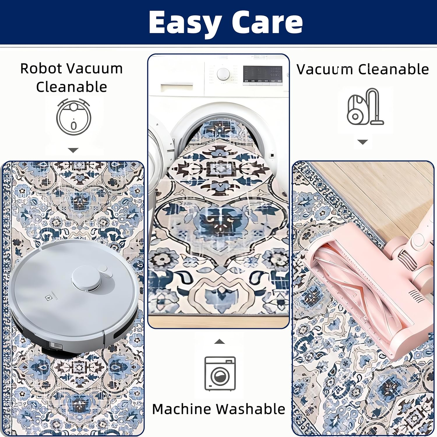 Boho Kitchen Rug Set, 3pcs Non Slip Bohemian Kitchen Rug, Washable Kitchen Floor Mat, Indoor and Outdoor Entryway Floor Mat, Foot Mat, Living Room Area Rug, Home Decoration (Blue & Beige)