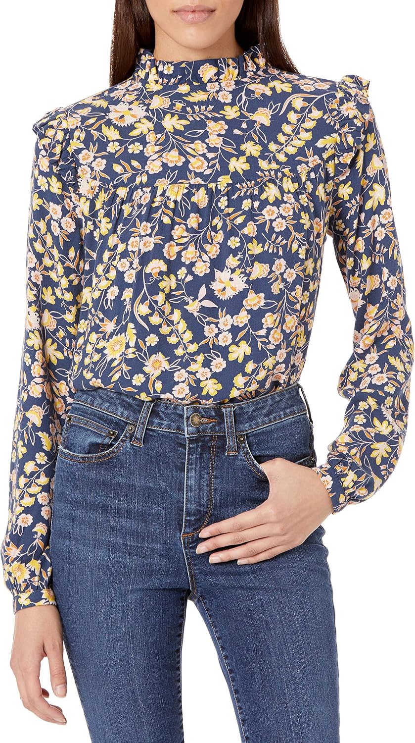 Amazon Essentials Women's Fluid Twill Long-Sleeve Ruffle Yoke Shirt (Previously Goodthreads)