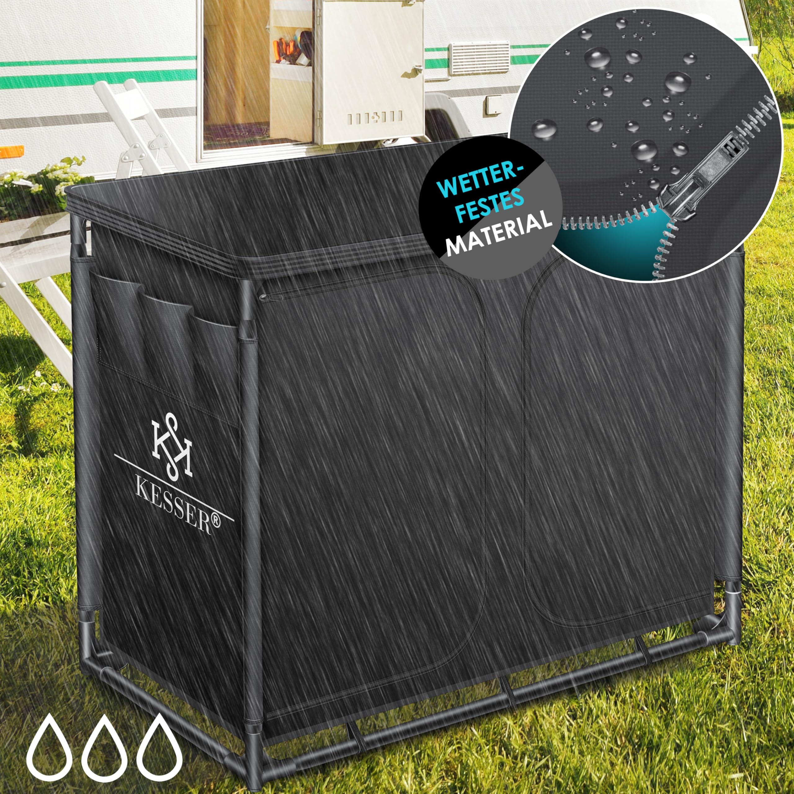 KESSER® Campingküche | Inkl. Tragetasche | Campingschrank Faltschrank | mit Aluminiumgestell | Reiseküche | Küchenbox | Zeltschrank | Outdoor Camping Küche | Schwarz/Schwarz | Typ F6