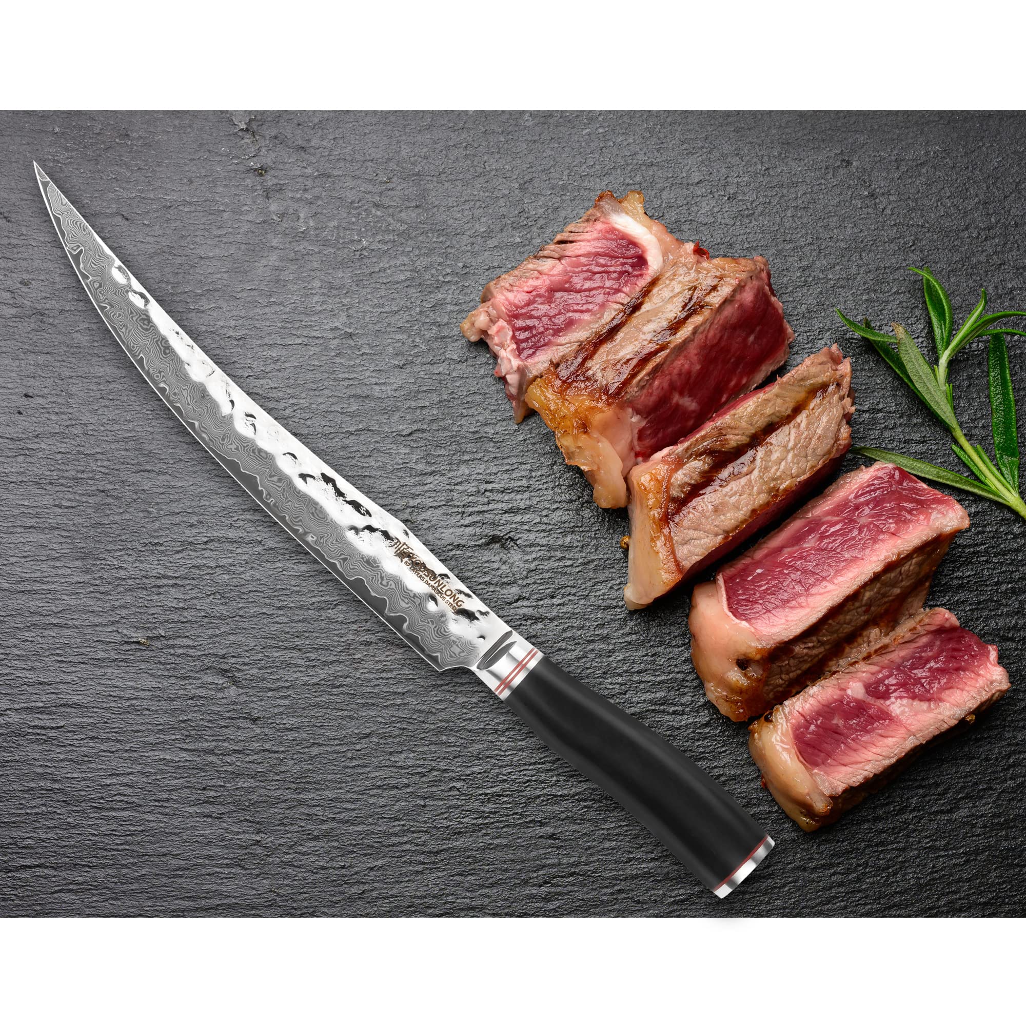 YOUSUNLONG Couteau à Trancher et à Découper 10" Trancheuse à jambon en acier martelé japonais Damas Lame de rasoir - Manche en ébène naturel avec fourreau en cuir