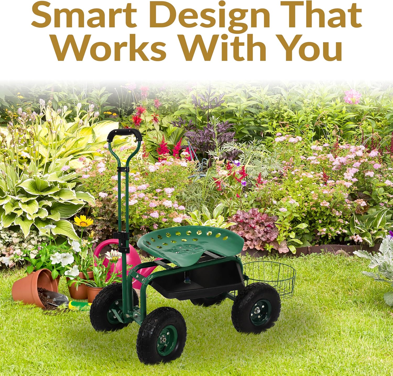 Sunnydaze Garden Cart with Wheels - Garden Stool on Wheels - Rolling Gardening Seat with Extendable Handle - Swivel Seat - Green