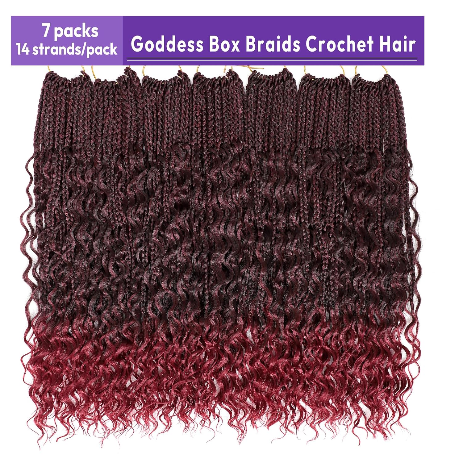 Goddess Box Braids Crochet Hair for Women 18 Inch Pre-looped Boho Crochet Box Braids with Curly Ends 7 Packs Ombre Burgundy Bohemian Synthetic Braiding Hair Extensions