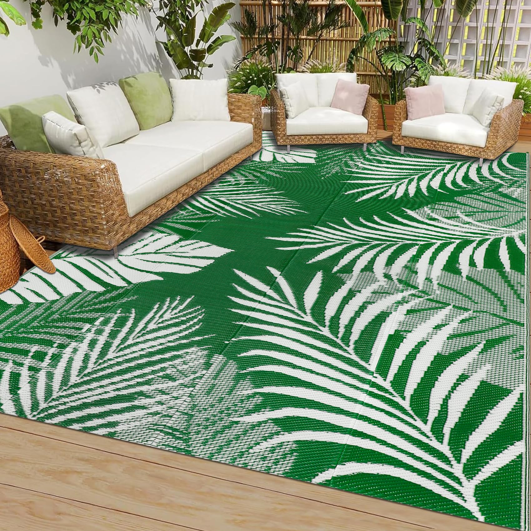 Cekene Outdoor Teppich Wetterfest Grün 150x245cm Outdoorteppich Camping Wasserfest UV-Beständig Terrasse Teppich Plastik Leichtgewicht Teppich für Draußen Balkon Garten