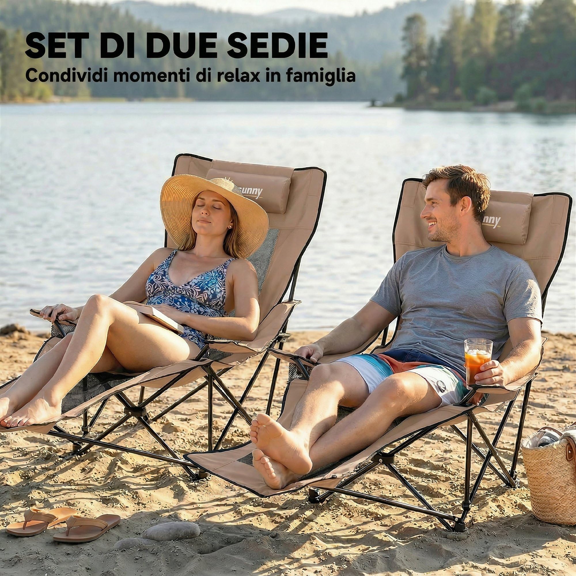 Outsunny Set 2 Sedie da Campeggio Pieghevoli con Poggiapiedi Staccabile, Portabicchieri e Tasca Laterale, Sedie da Giardino in Tessuto Oxford e Metallo, 165x80x90 cm, Marrone e Nero