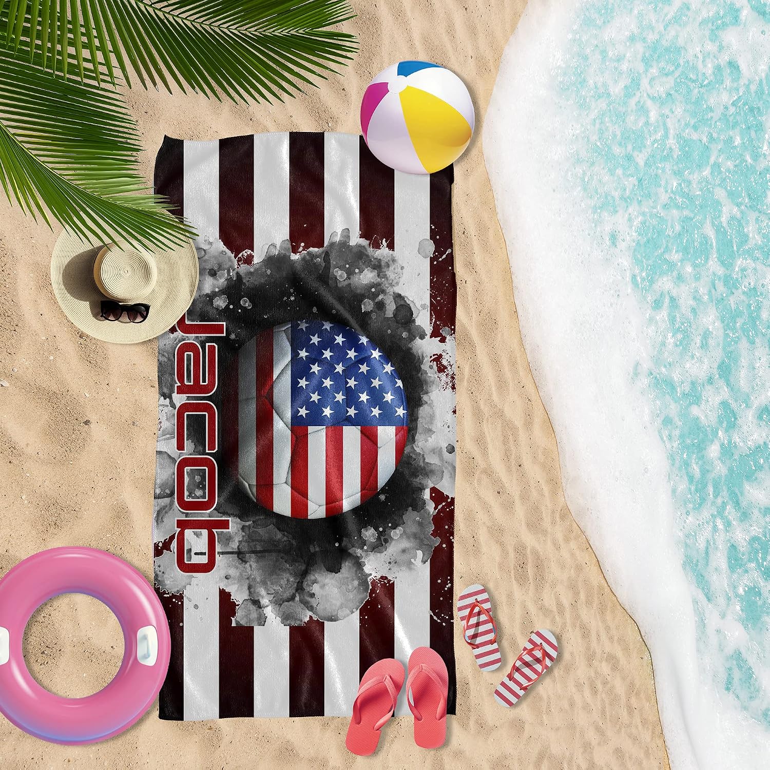 USA Flag Football Towel - Custom Red Black White Striped Swim Towels Personalized Men Boys Adults Kids 30x60