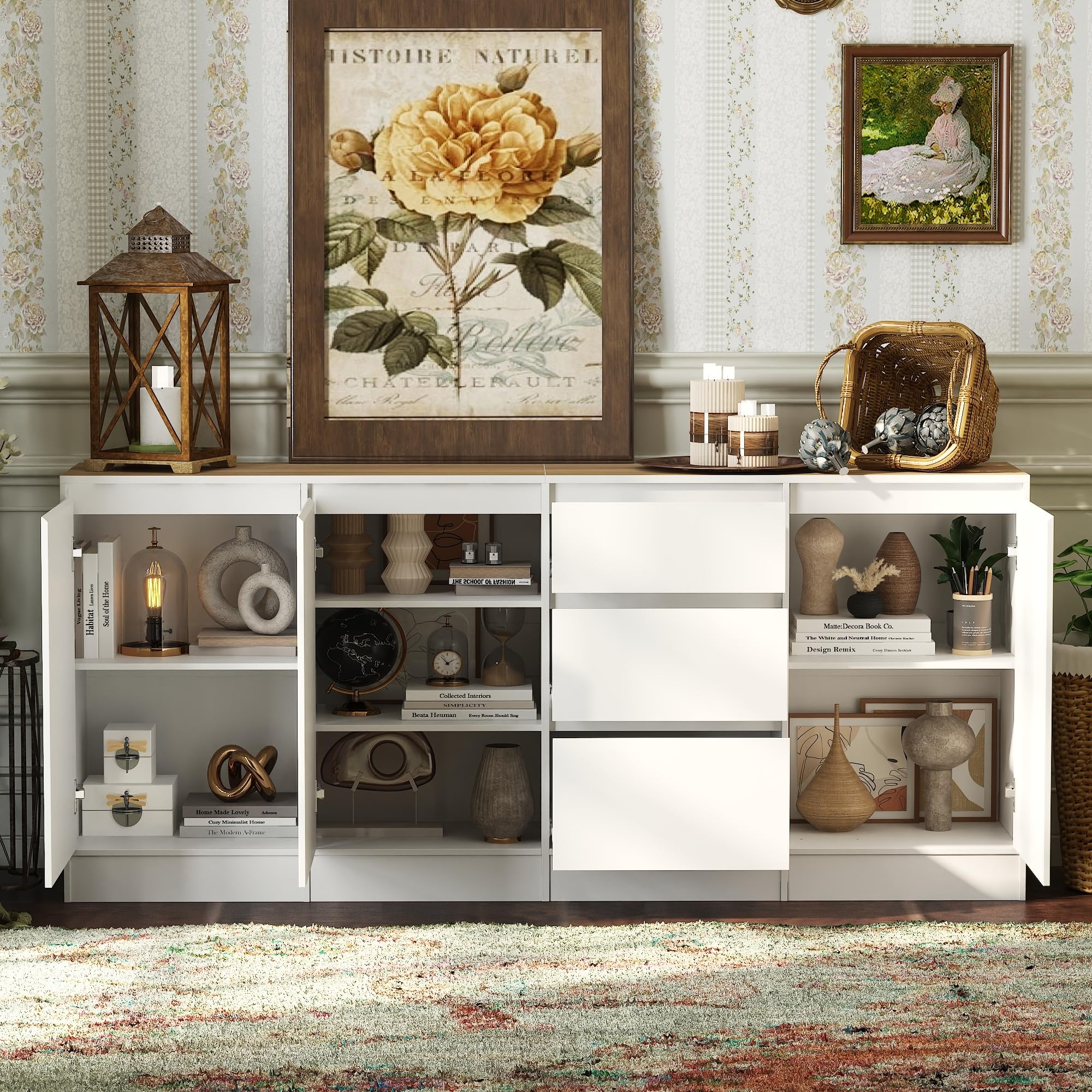 Mobile da 3 ante e 3 cassetti, credenza, credenza con ripiani, comò, armadio multifunzionale per la conservazione, per soggiorno, cucina, corridoio, 80 x 180 x 35 cm, MDF, bianco