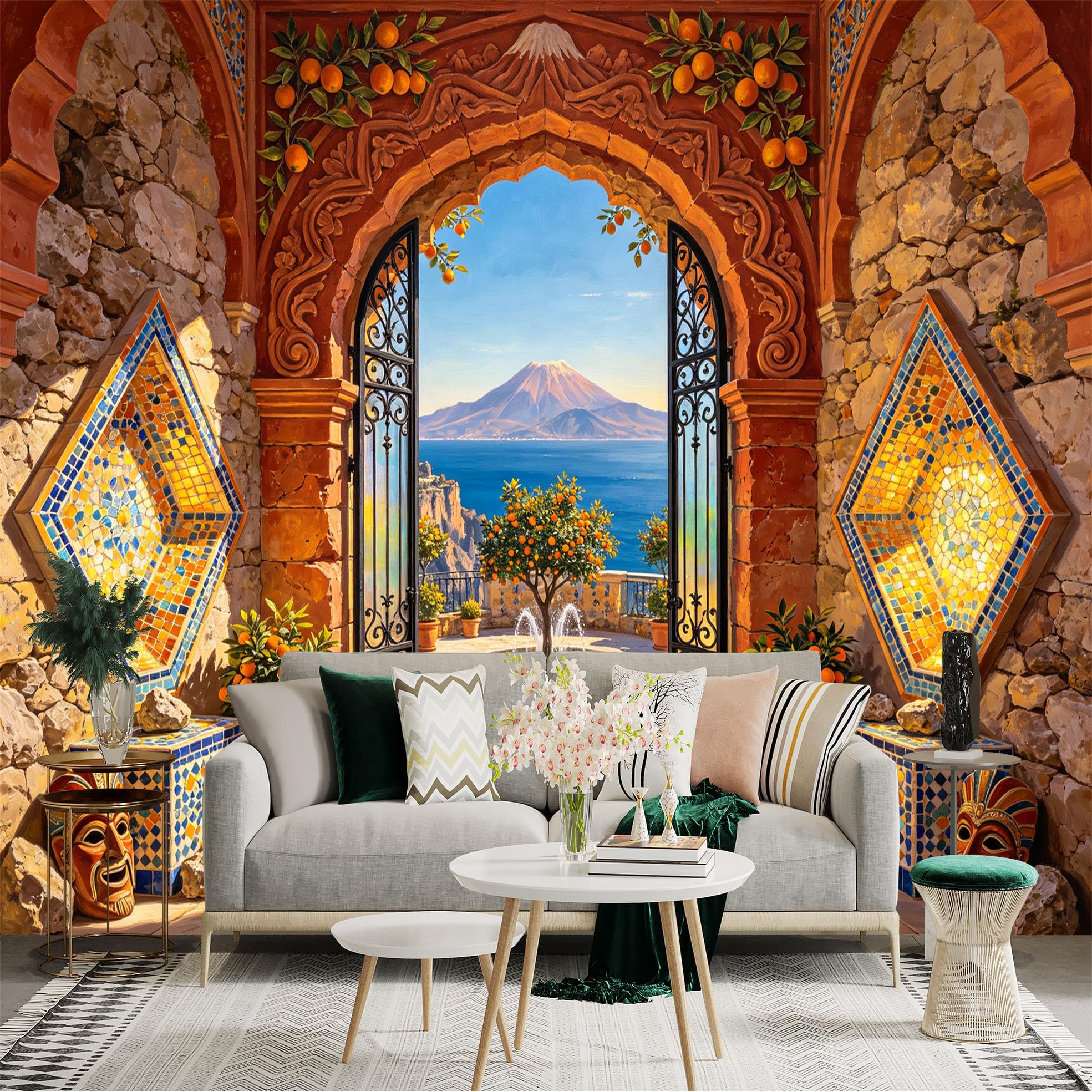 Custom Size Wall Sticker Mural， Mediterranean Archway Coastal Courtyard Mosaic Sea View， for wall Decoration， peelandstick wall Decals.