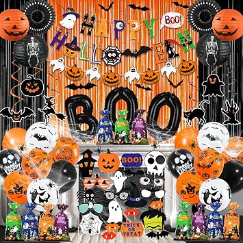 110Pcs Halloween Party Decorations, Horror Halloween Party Supplies Include Banner, Boo Balloons Hanging Swirls Photo Props Spider Wed Candy Gift Bags for Scary ScreamDecorations Indoor