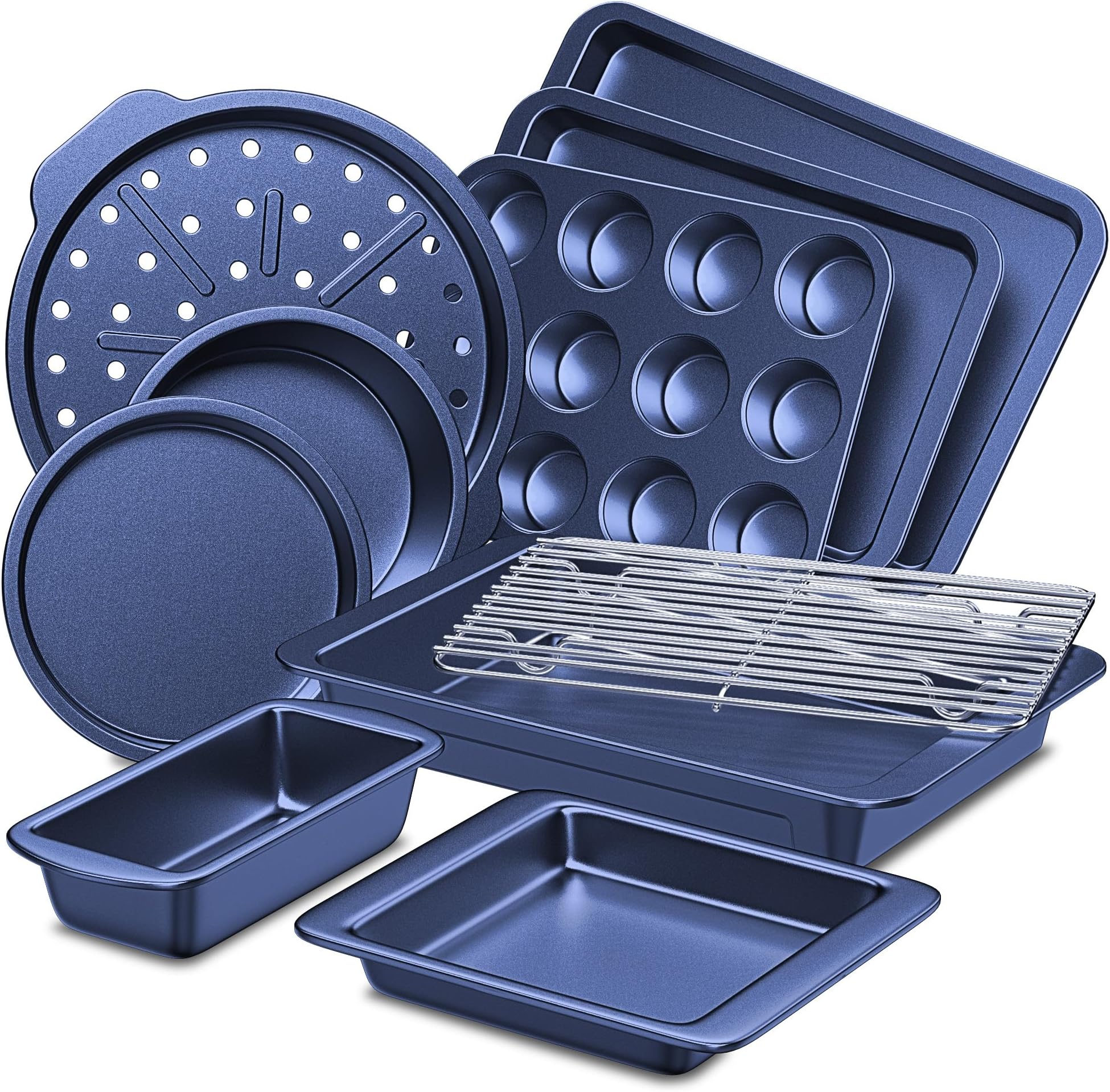 HONGBAKE Bakeware Sets, Baking Pans Set, Nonstick Oven Pan for Kitchen with Wider Grips, 10-Piece Including Rack, Cookie Sheet, Cake Pans, Loaf Pan, Muffin Pan, Pizza Pan - Blue