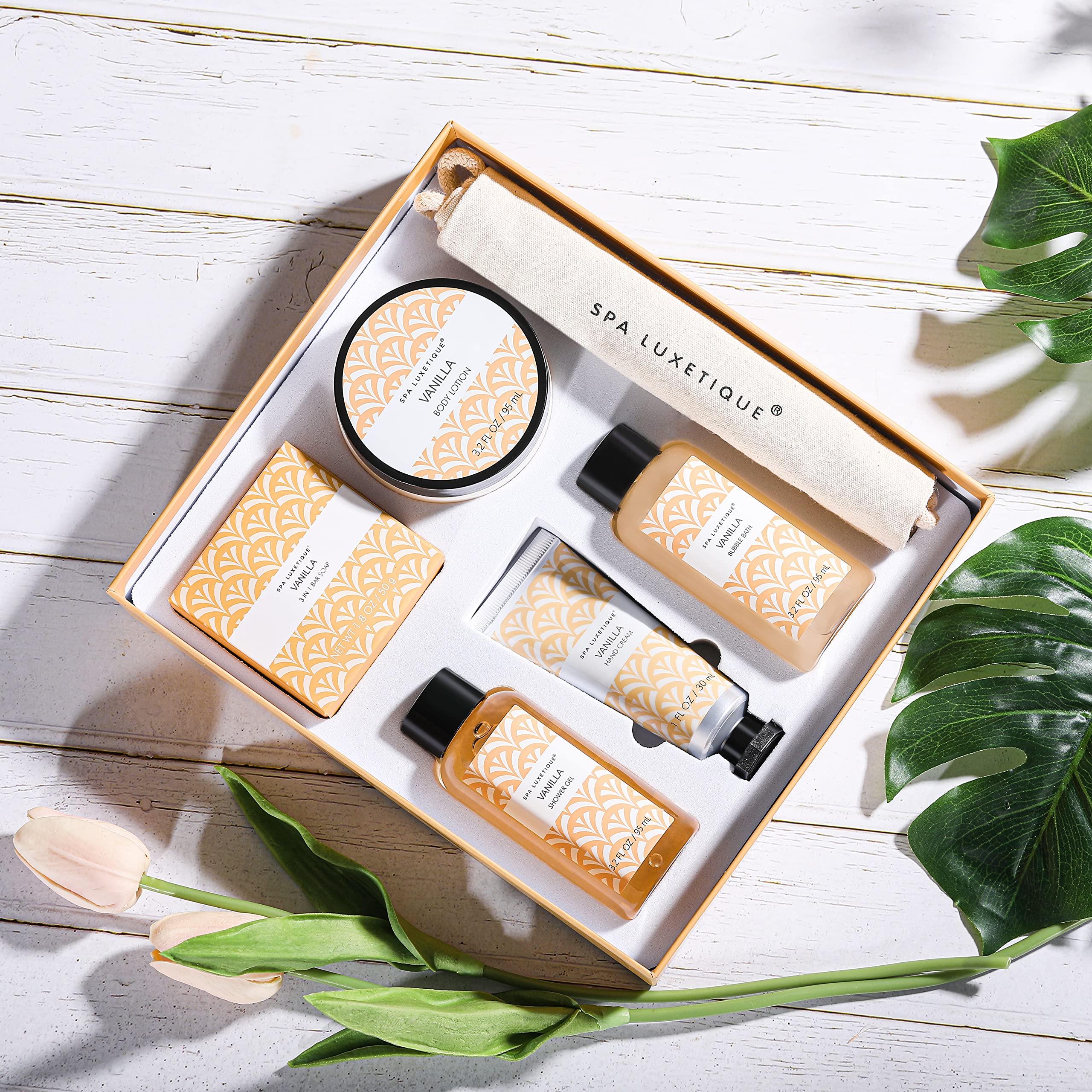 SPA LUXETIQUE Set da Bagno Regalo Donne – Set per la Cura Della Vaniglia con 6 Pezzi in Gel Doccia di Dimensioni da Viaggio, Crema per le Mani, Borsa di Lino con Coulisse, Regalo Festa della Mamma