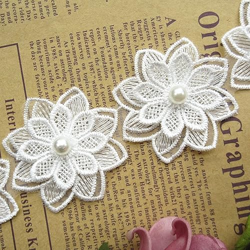 Miniatura 3 de 2 yardas 3D flor encaje borde borde perla bordado poliéster encaje cinta tela apliques patchwork para boda vestido de novia hecho a mano DIY costura