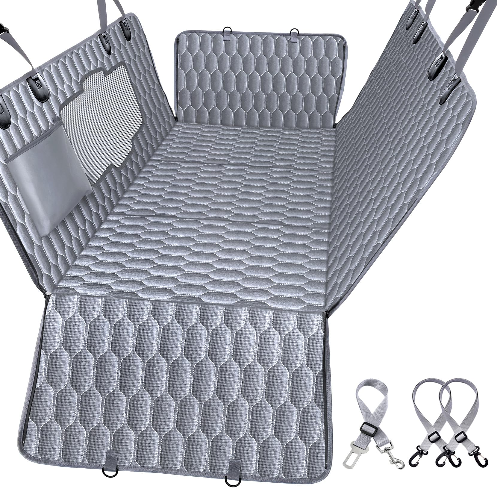 Back Seat Extender for Dogs-Supports 330lb,Waterproof Dog Car Seat Cover Hard Bottom-Detachable,600D Heavy Duty Scratch Proof Nonslip Soft,Dog Hammock for Car,SUVs-Grey