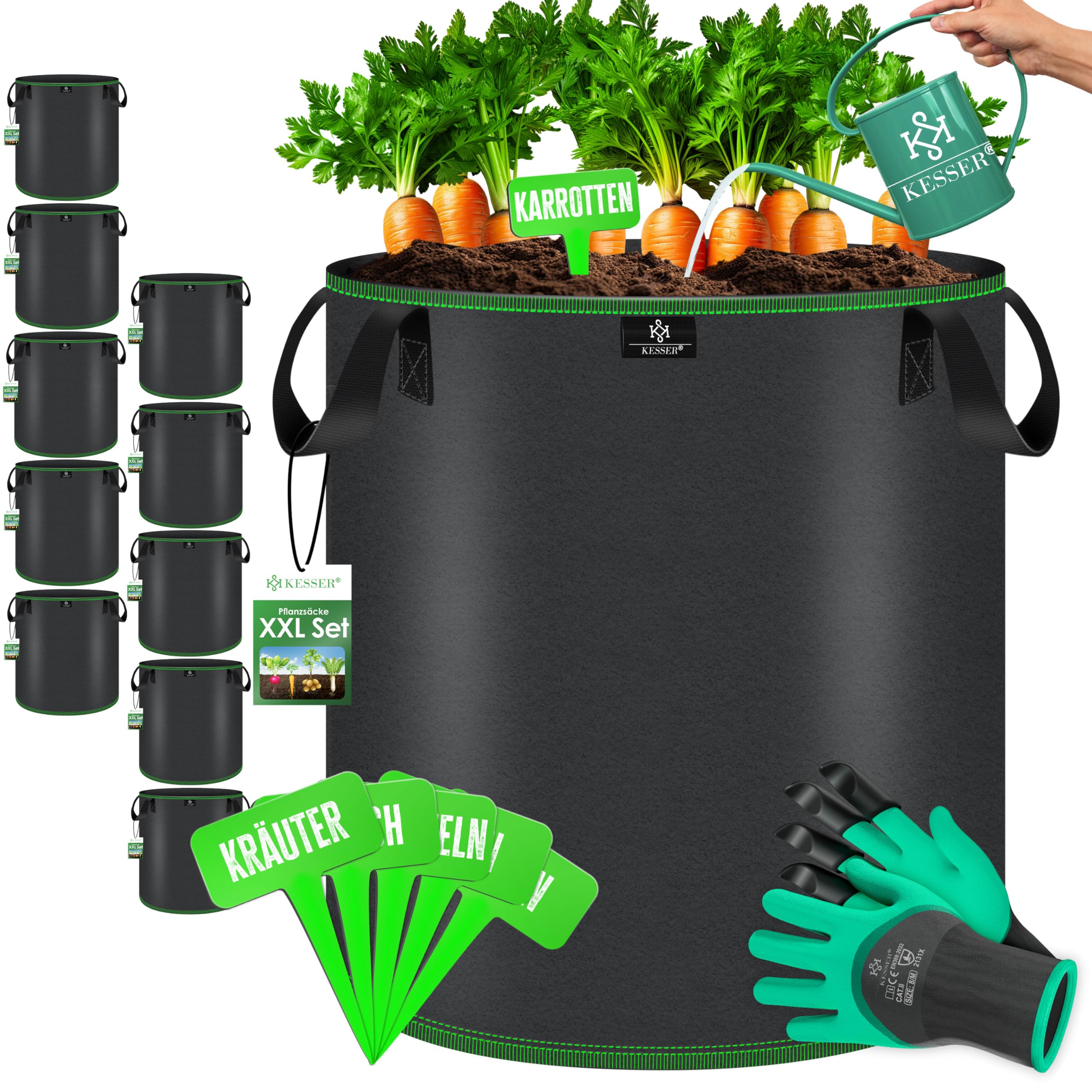 KESSER® Lot de 10 Sac de Plantation 27 litres | Sacs de Plantation en Tissu Non Tissé avec Etiquettes Nominatives | Sac de Plantation de Pommes de Terre avec Fenêtre & Poignées | Noir