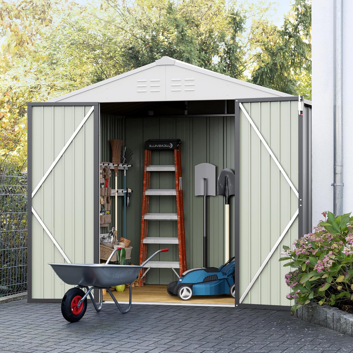 Gray 6' x 8' Metal Outdoor Storage Shed with Lockable Door
