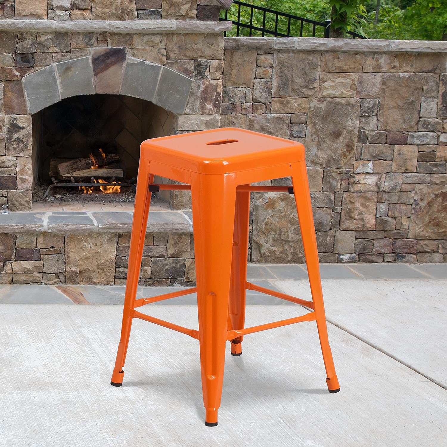 Flash Furniture Lily 4 Pack Commercial Grade 24" High Backless Orange Metal Indoor-Outdoor Counter Height Stool with Square Seat