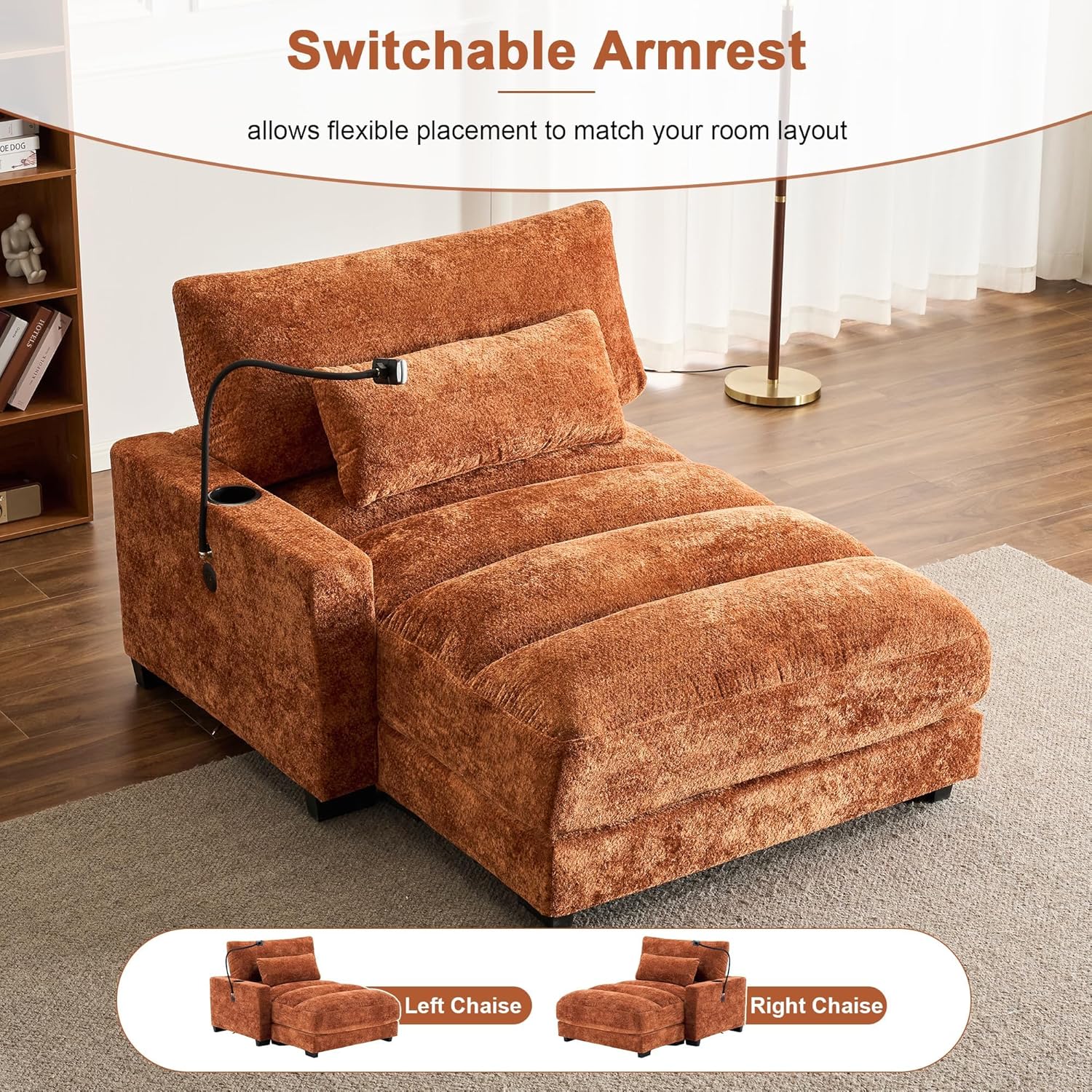 Tmsan Oversized Chaise Lounge Chair Indoor with Adjustable Backrest, Chenille Sleeper Sofa Bed, Modern Cloud Couch Chair with USB Ports/Cup Holders/Phone Stand for Living Room Apartment Office
