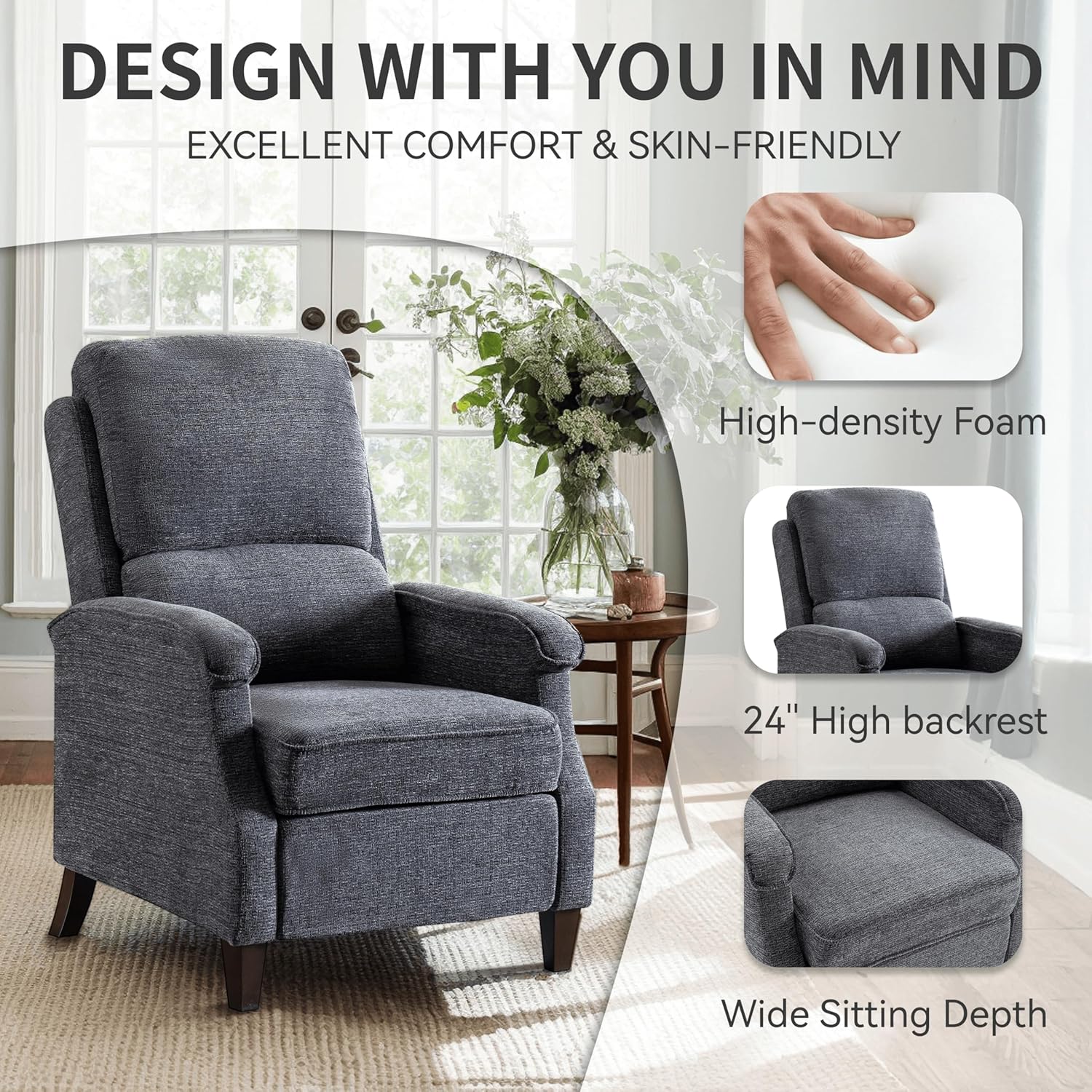 VKNOW Recliner Chair, Fabric Recliner with Soft Armrest, Home Theater Seating with Adjustable Push Back and Lumbar Support, Single Sofa for Adults, Lounge Chair for Living Room, Bedroom（Dark Grey）