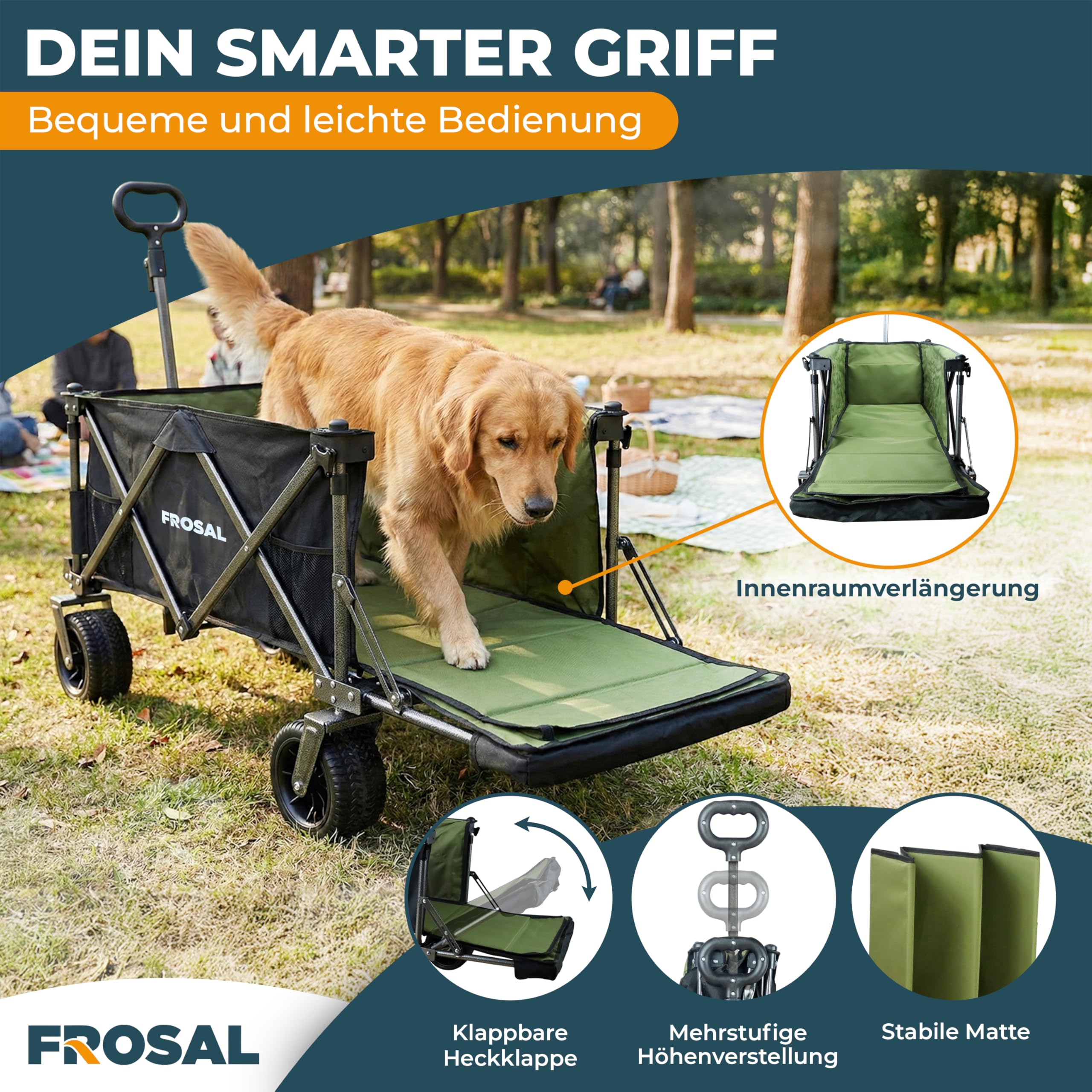 FROSAL Bollerwagen Theo faltbar mit Dach & Heckeinstieg – Handwagen klappbar für Hund & Kinder, Strand, Camping & Garten – 80kg belastbar, pannensichere Räder, höhenverstellbare Zugstange