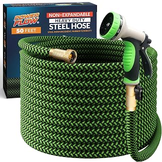 PowerFlow Metal Garden Hose, 50 Ft Non-Expandable Water Hose, Green