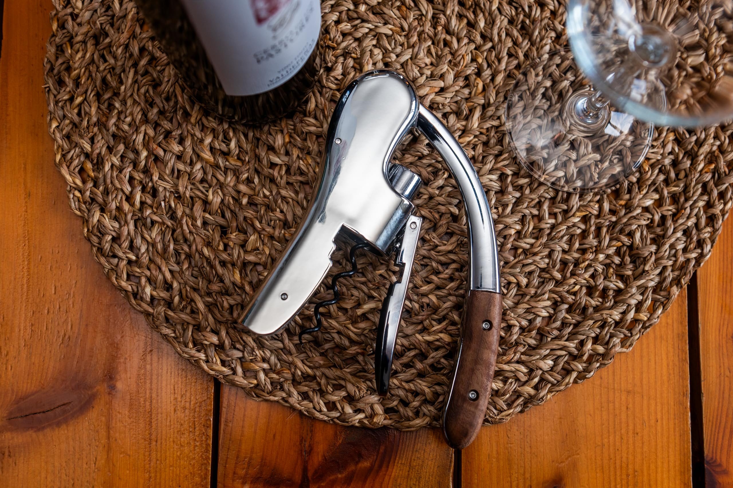 VB VIN BOUQUET FID 1535 Tire-bouchon à levier chromé avec manche en bois, mécanisme professionnel, boîte cadeau