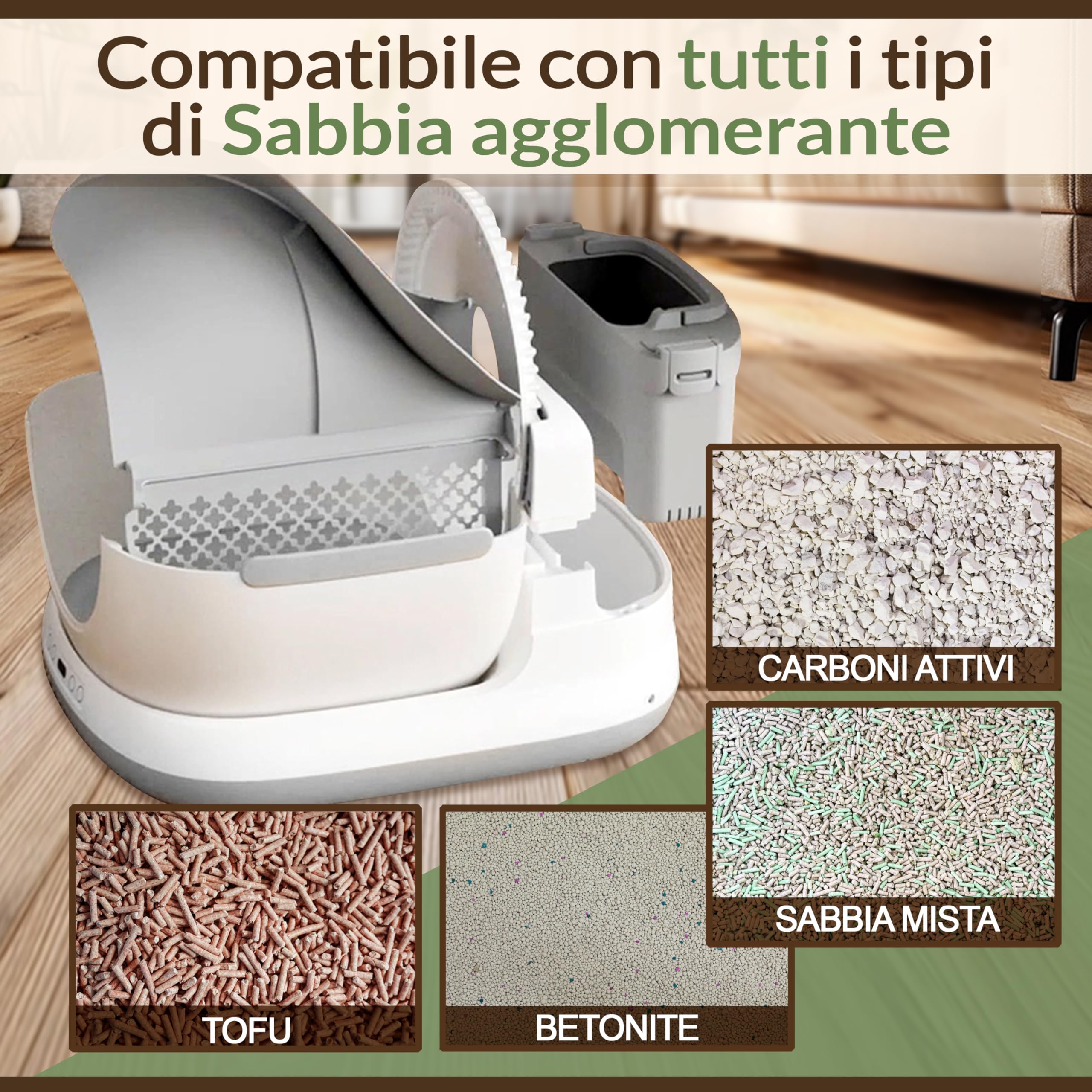Lettiera Gatto Autopulente Automatica, Antiodore, Capacità Massima 72L con Monitoraggio App e Deodorante Sostituibile per un Ambiente Fresco e Privo di Odori.