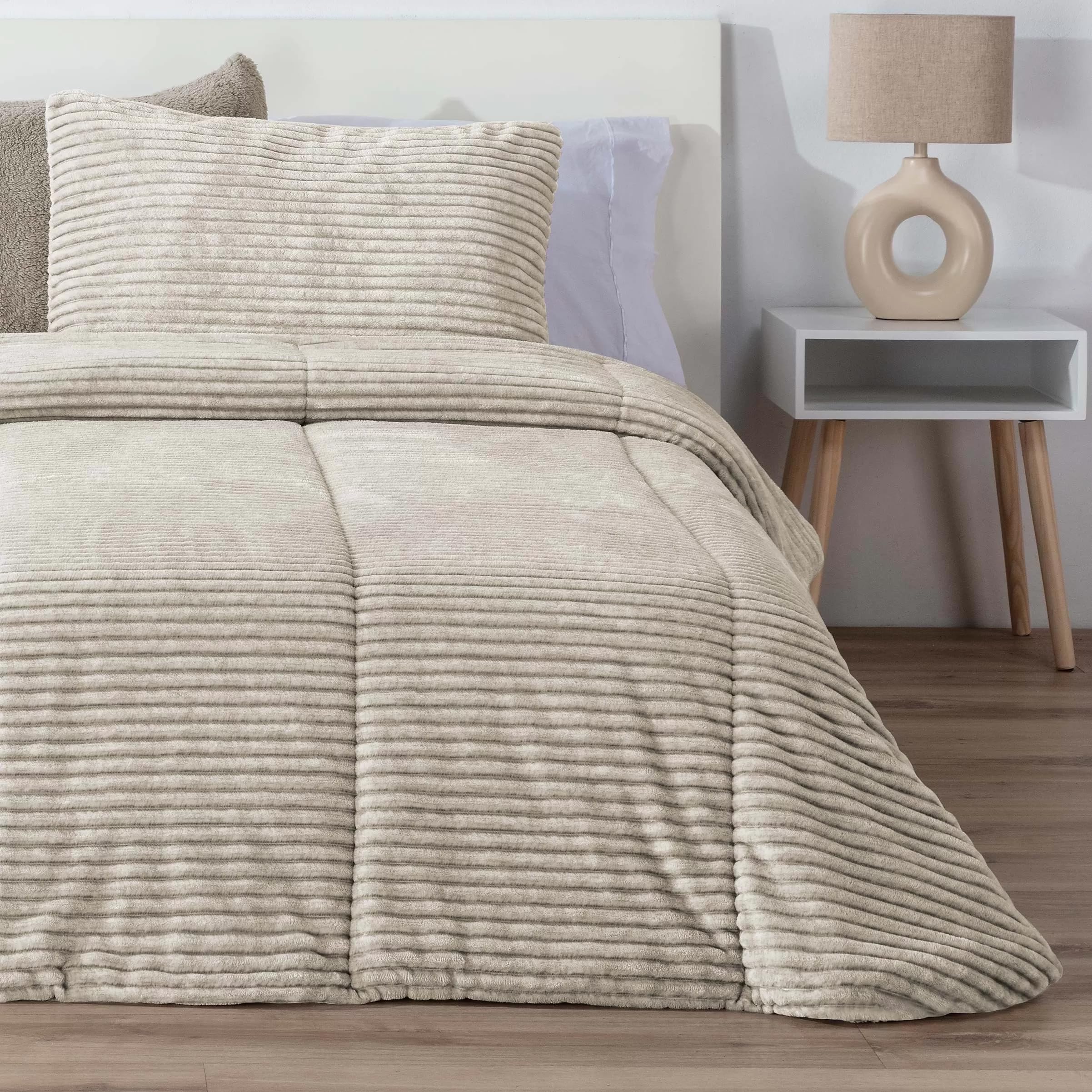 Edredón Comforter New Lines Melange Jaspeado Rayas Beige Manterol – Muy Suave y Cálido (150 cm)