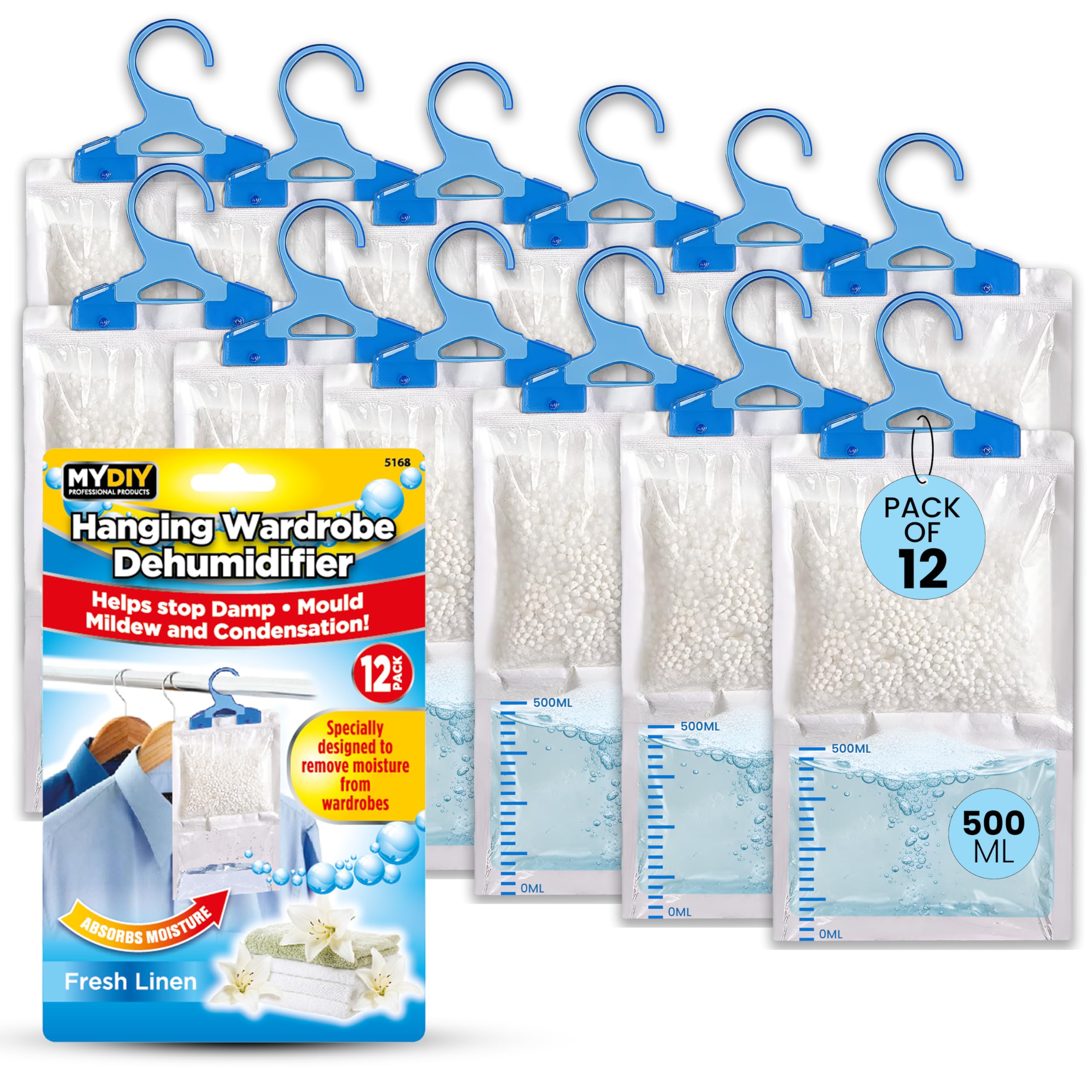 MY DIY Dehumidifiers for Home - 500ML Pack of 12 Wardrobe Dehumidifier Hanging Bags with Calcium Chloride Particles | Traps Moisture, Prevents Leaks, Mould, Mildew & Condensation, Maintains Freshness