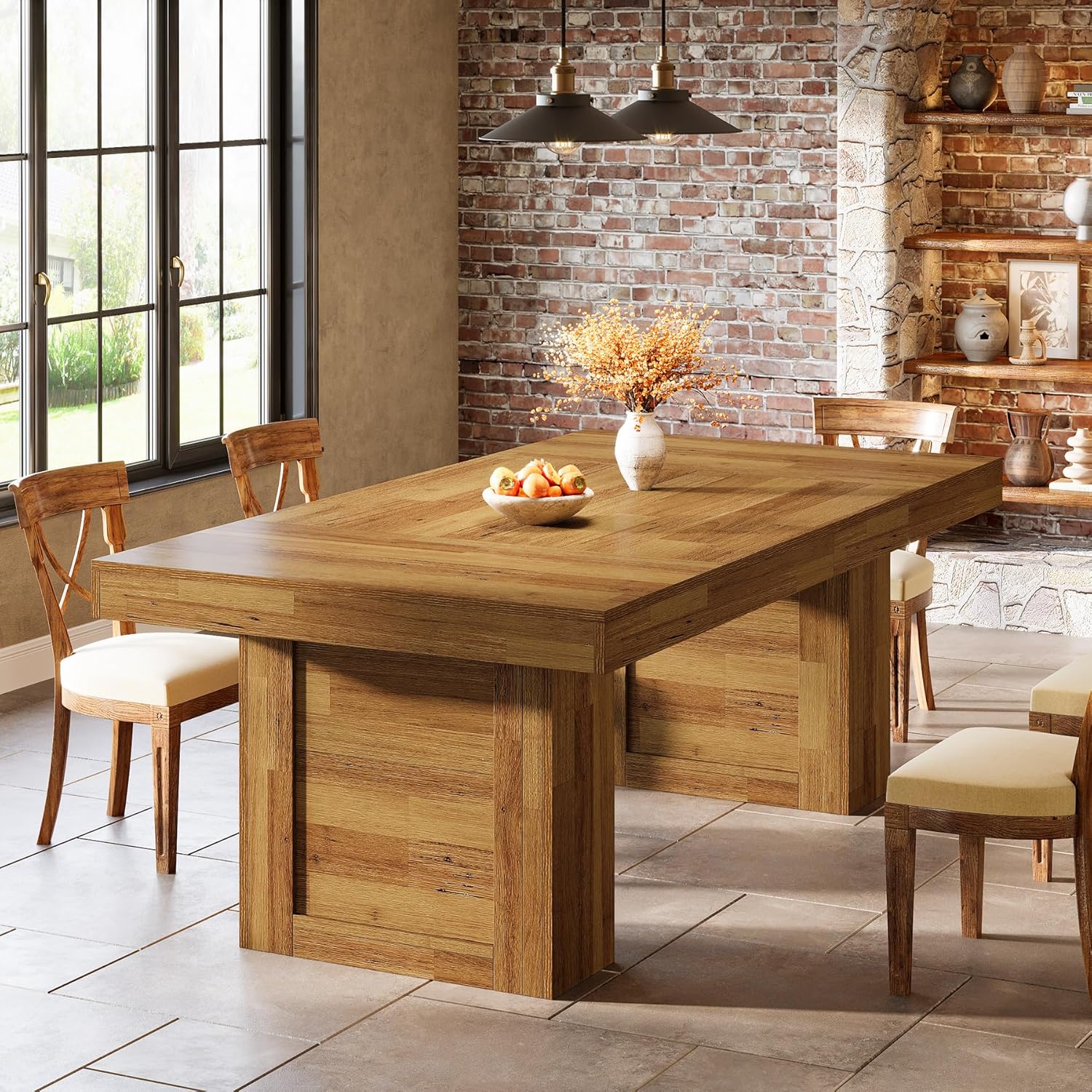 Tribesigns 63'' Farmhouse Dining Table for 6, Rectangle Wooden Kitchen Table with Heavy-Duty Legs, Rustic Large Dining Room Furniture for Family Meals, Banquets & Dinner Parties, Natural Oak