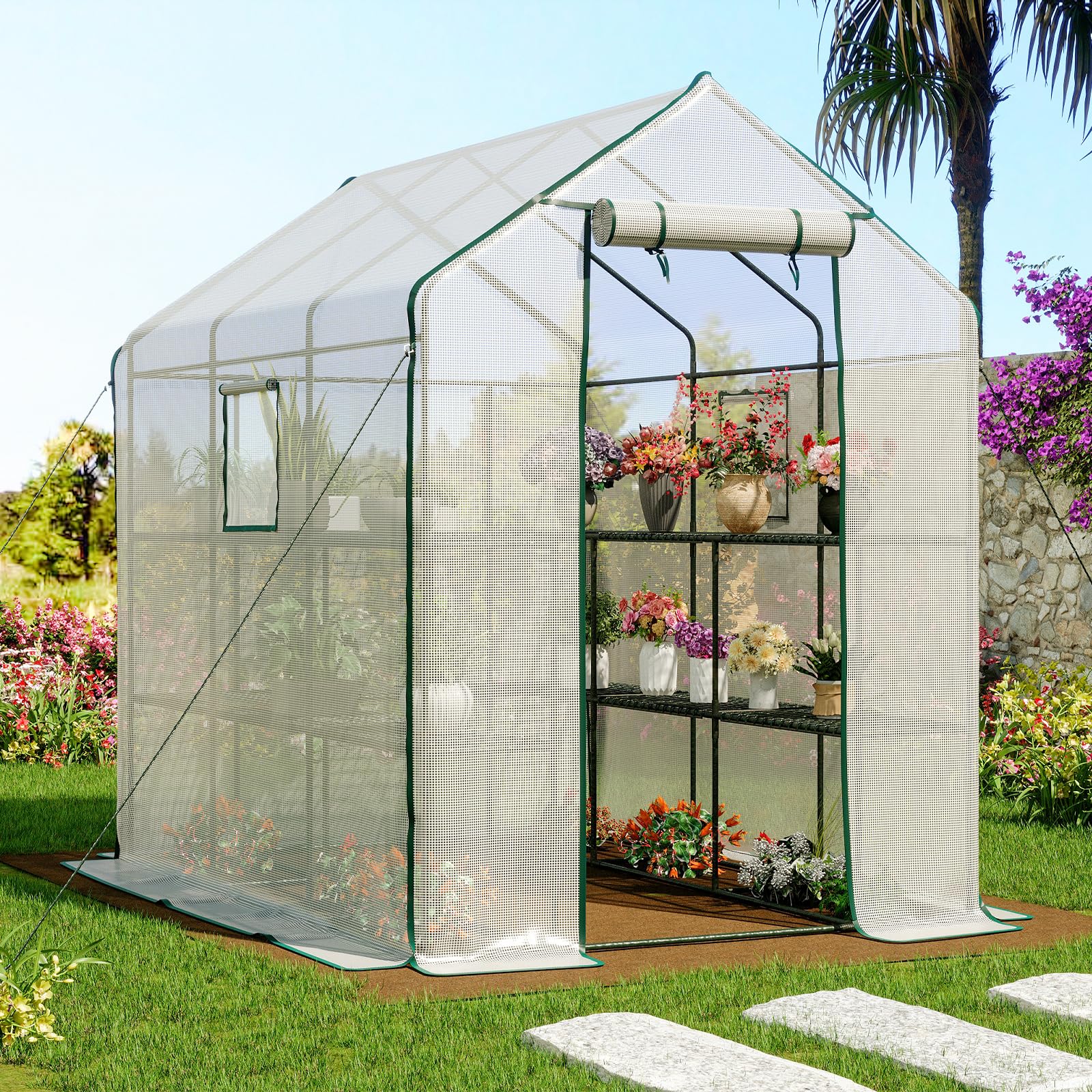 LARMNEE Invernadero para Jardín, Marco Acero Jardinería Invernadero, 212 x 145 x 147/198 cm, Vivero de Plantas con 14 Estantes, Caseta para Tomates, Verduras, Frutas, Flores, Blanco EWT13GH02G1