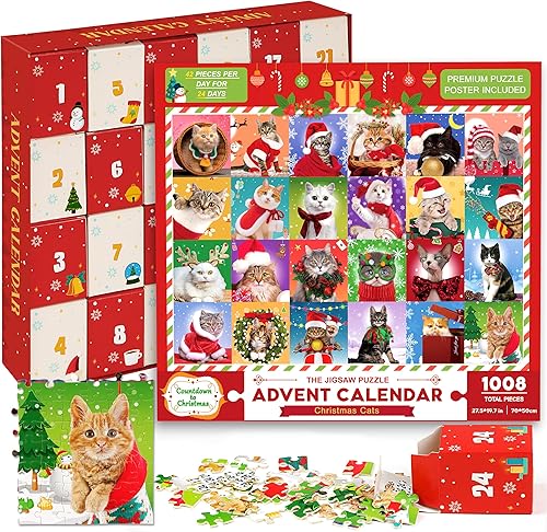Miniatura 1 de Calendario de Adviento 2025 Rompecabezas de cuenta regresiva de Navidad – Gatos de Navidad, 24 cajas con 1008 piezas de rompecabezas de cuenta