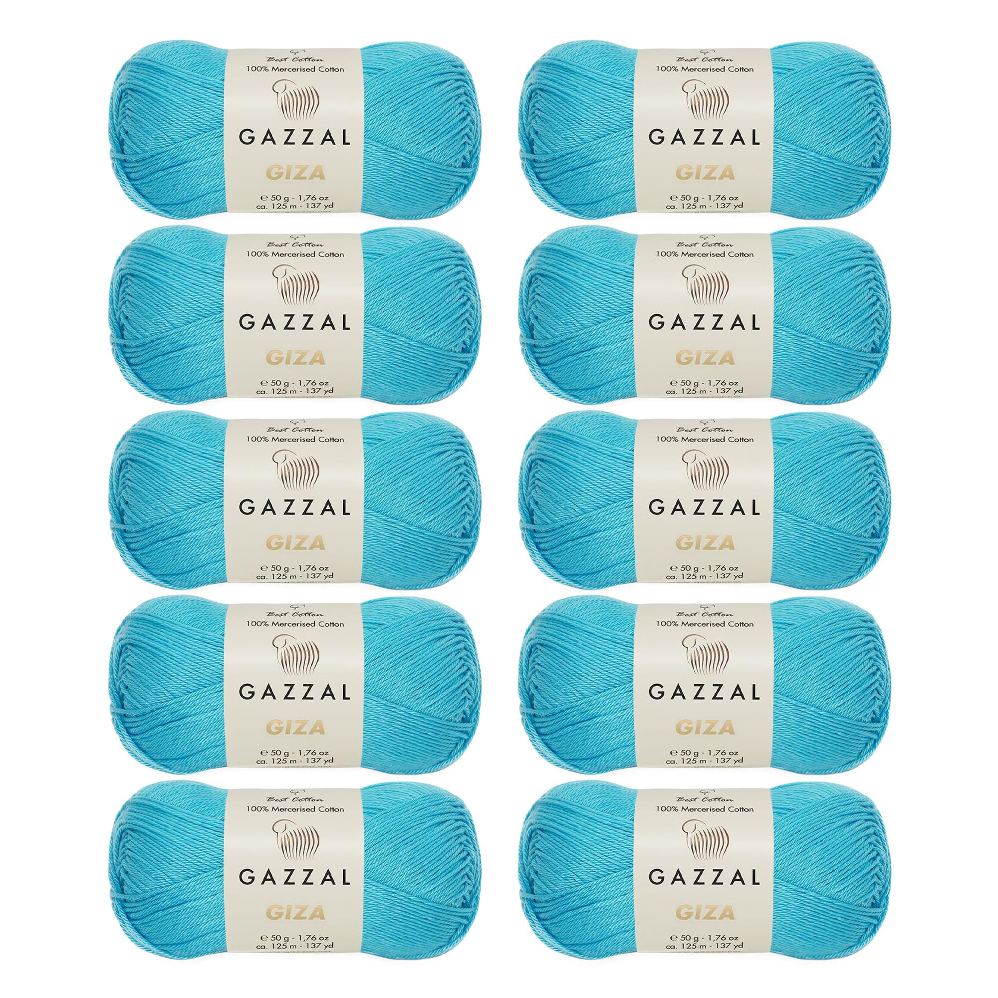 10 Skein (opakowanie) Gazzal Giza, 100% bawełna merceryzowana, każdy 50 g (125 m) miękki, cienki 2, turkusowy - 2480
