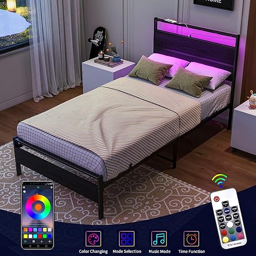 Miniatura 4 de Base de cama individual con cabeceroluces LED, marco de cama de metal tamaño individual con estación de carga, marco de cama de plataforma