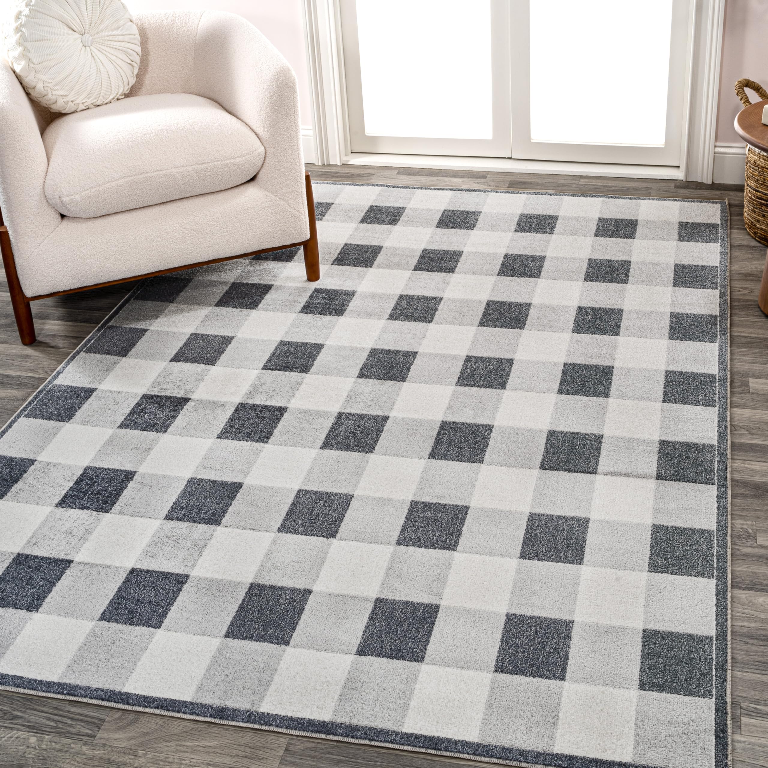 Eyely HSW303A-8 Gingham Gradient Plaid Cottage Machine-Washable Light Gray/Dark Gray/Cream 8 ft. x 10 ft. Area Rug, Pet Friendly, Stain Resistant,