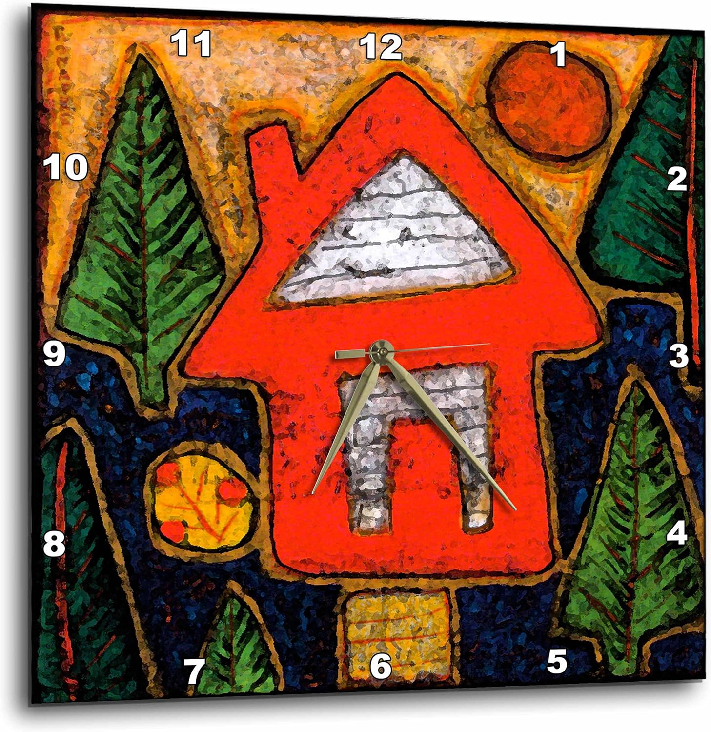 3dRose DPP_21209_3 Red House Folk Art Trees Colorful Wall Clock, 15 by 15"