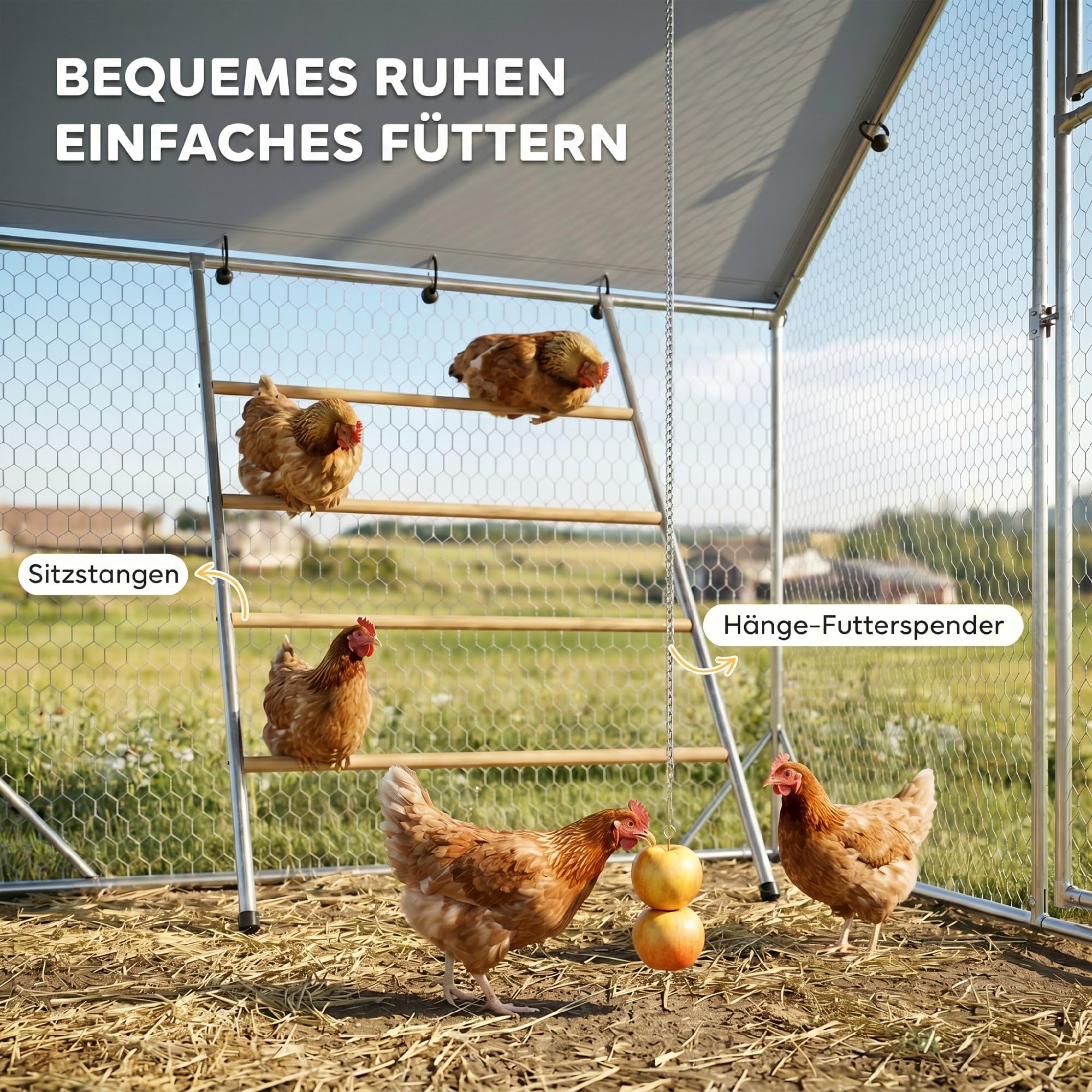 PawHut Hühnerstall 3x2x2 m Freilaufgehege Hühnergehege 6-8 Hühner Silber | Freigehege aus Verzinktem Stahl, UV-beständiger Dachabdeckung, Futtertür, Hängefütterung, Sitzstange, Kleintiere