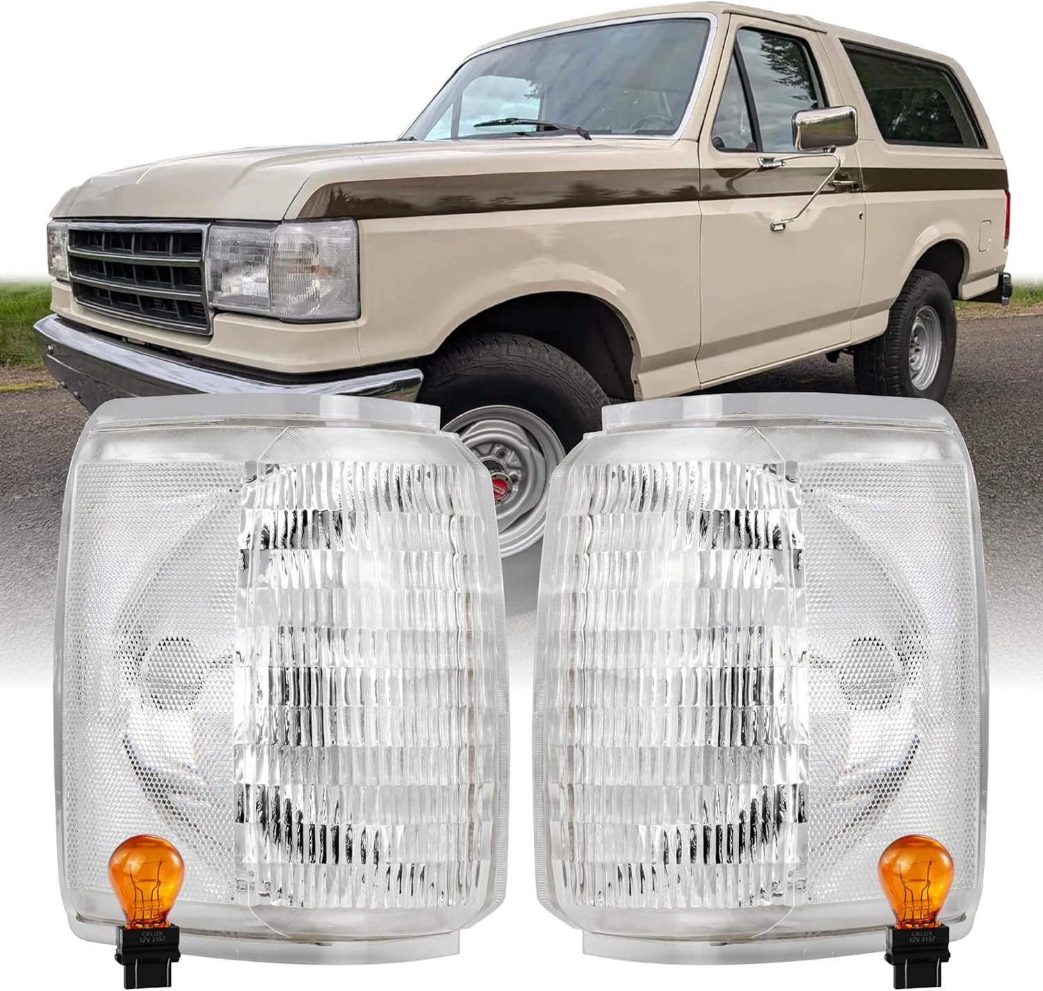 USR 87-91 Bronco Corner Light – Turn Signal Lamps (Left + Right) Pair - Compatible with 1987-1991 Ford Bronco Full Size SUV / F150 F250 F350 / F-150 F-250 F-350 (CLEAR CORNER LIGHTS w/AMBER BULBS)