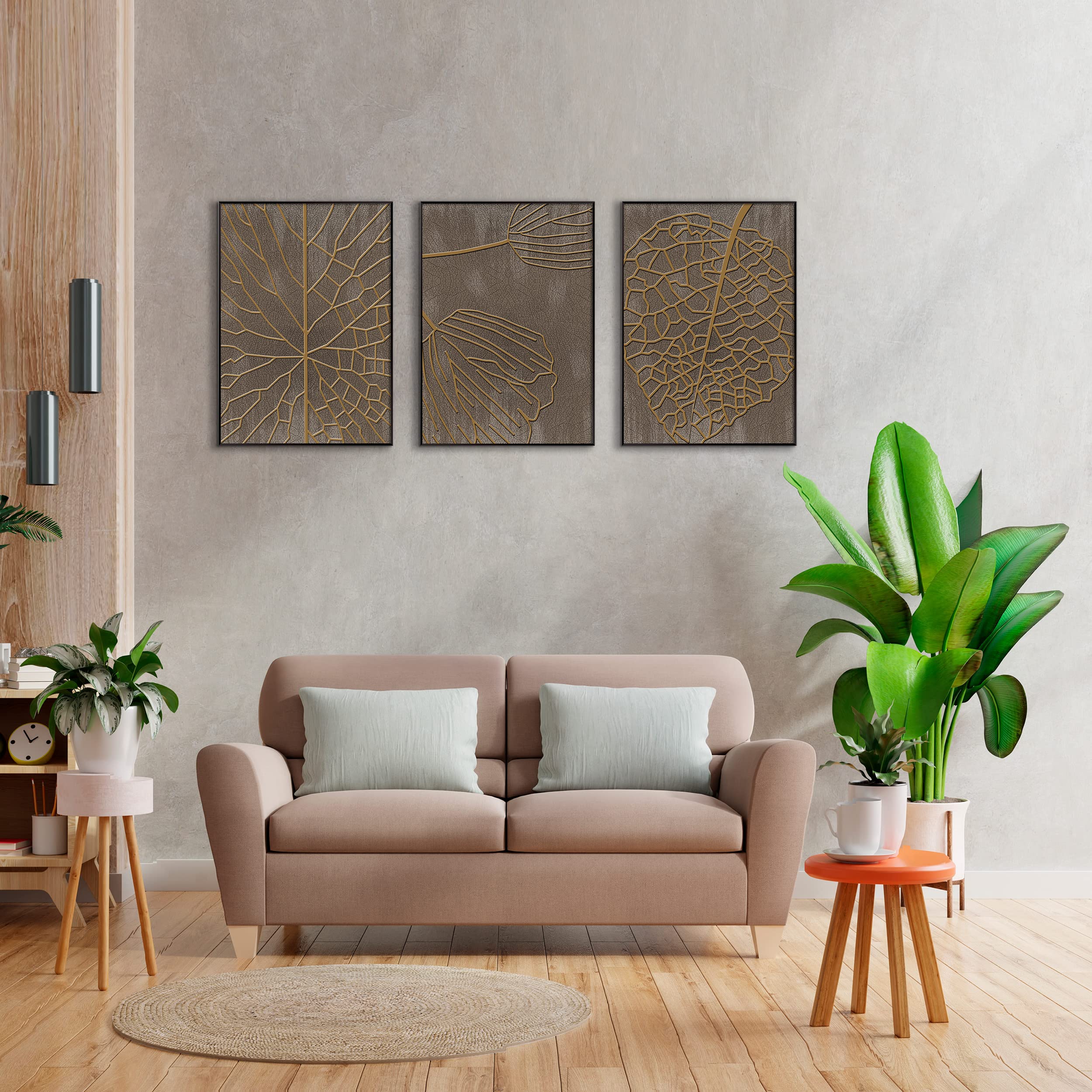 DekoArte - Bilder Wandbilder Wohnzimmer BLÄTTER 50x70 cm 3 mit Rahmen | Set 3 Bilder mit schwarzem Rahmen, Druck botanische Blätter in Taupe und Kupfer, zum Aufhängen