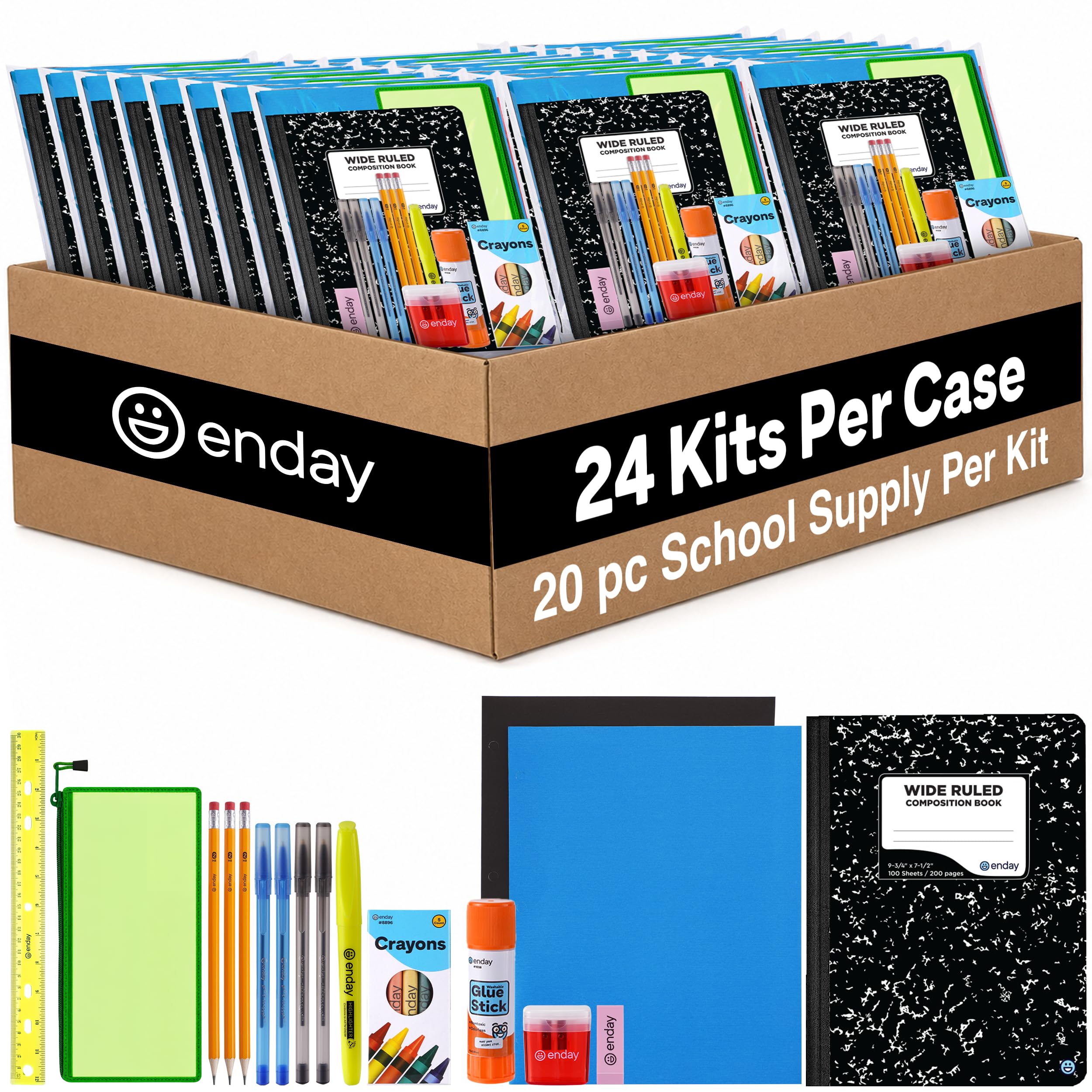 Bulk School Supplies for Kids | (20 Piece) Back to School Supplies in Each Kit, Premium Quality Kids School Supply for Girls & Boys, Kindergarten, Elementary, K-12 - By Enday