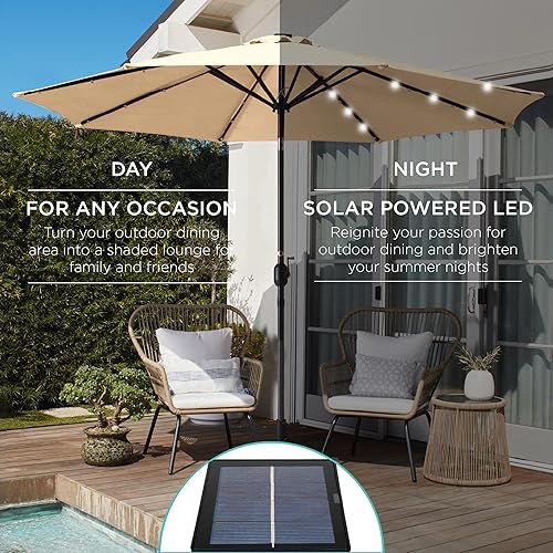 Vista 466 de Best Choice Products - Sombrilla solar de 7.5 pies para exteriores, patio, mesa, mercado, terraza, piscina con inclinación, manivela, luces LED
