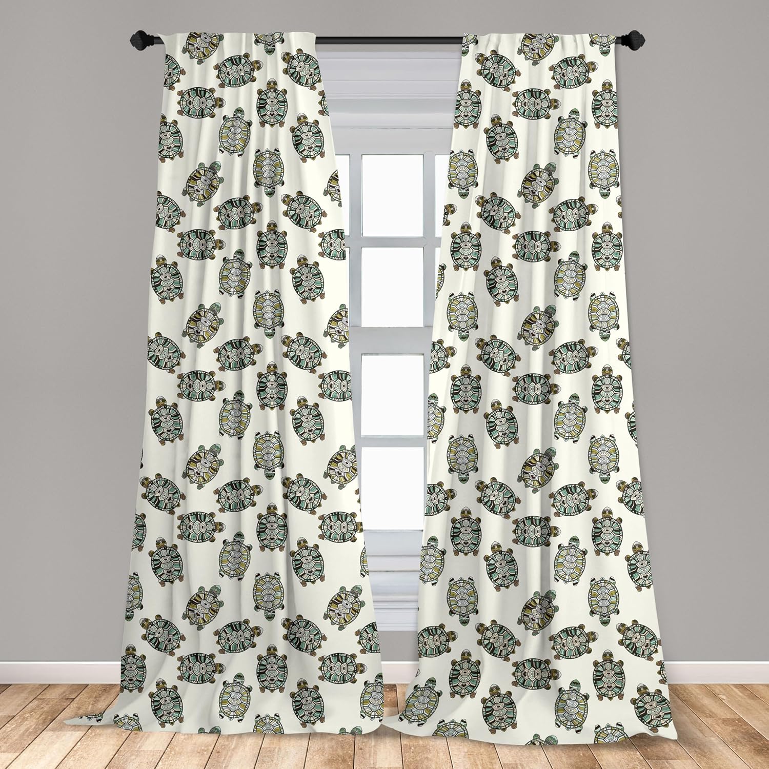 Ambesonne Turtle Window Curtains, Tortoise Pattern with Ornate Geometric Desgins Cartoon Ocean Wildlife Composition, Lightweight Decor 2-Panel Set with Rod Pocket, Pair of - 28" x 95", White Green